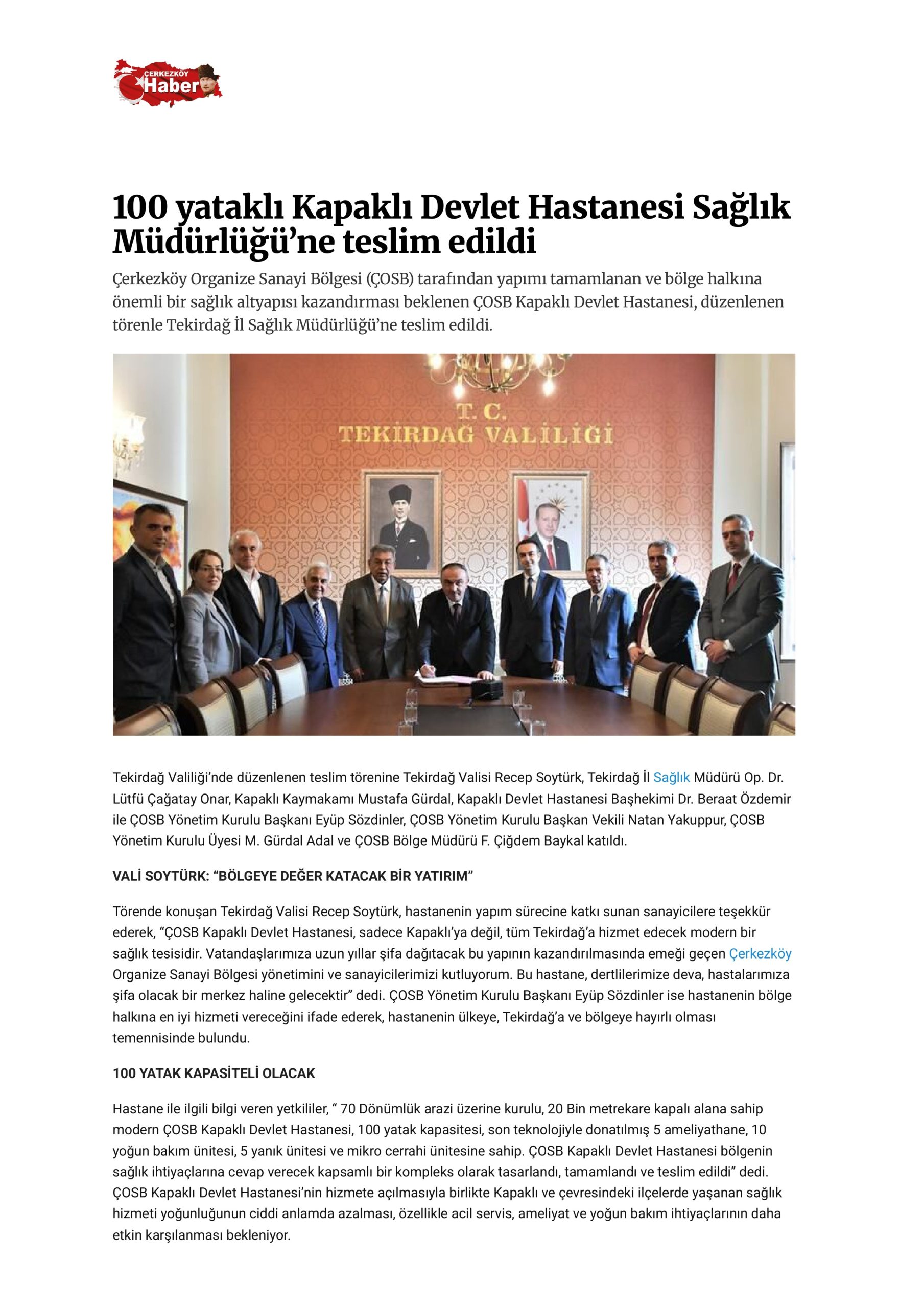 100 yataklı Kapaklı Devlet Hastanesi Sağlık Müdürlüğü’ne teslim edildi