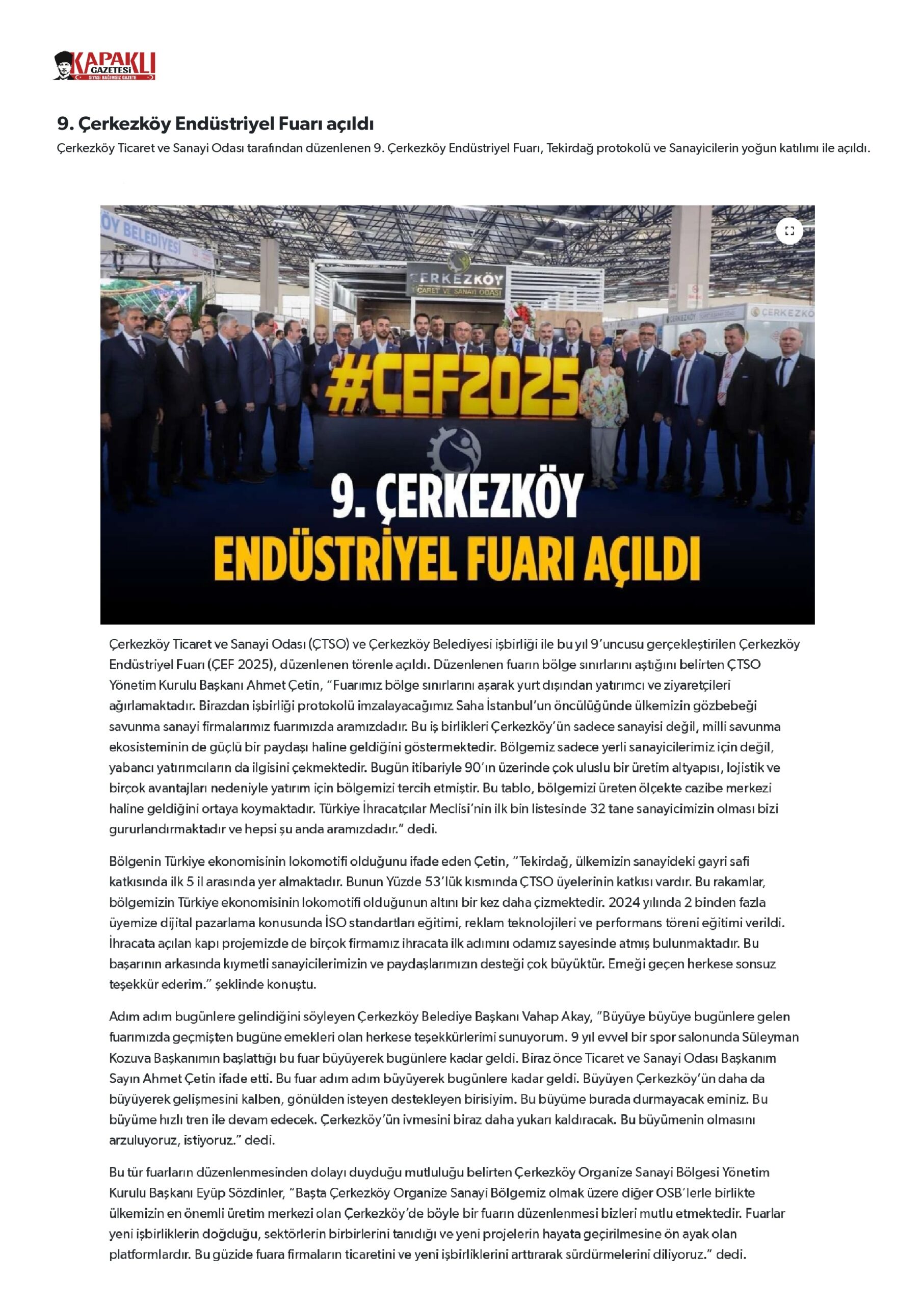 9. Çerkezköy Endüstriyel Fuarı açıldı