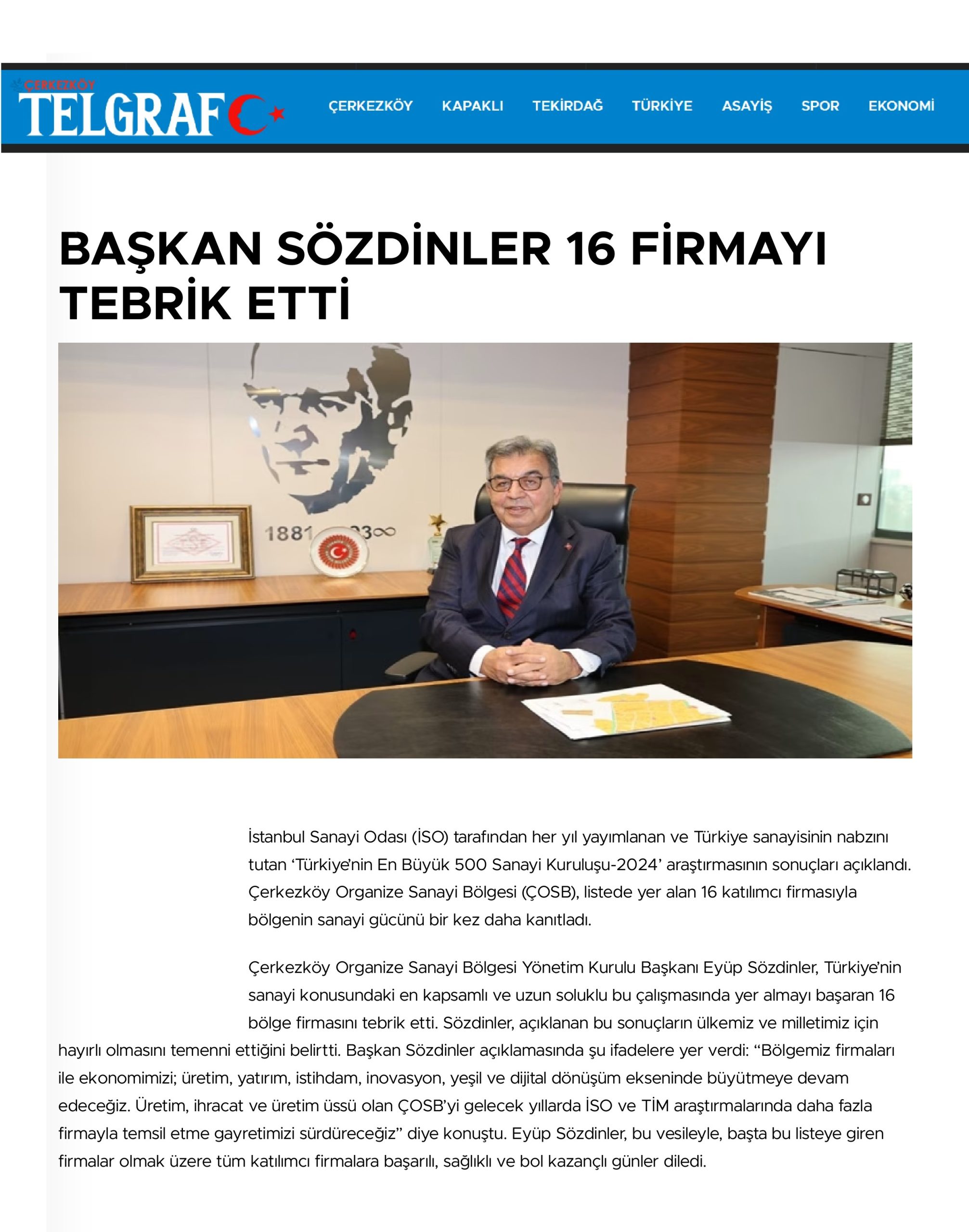 BAŞKAN SÖZDİNLER 16 FİRMAYI TEBRİK ETTİ