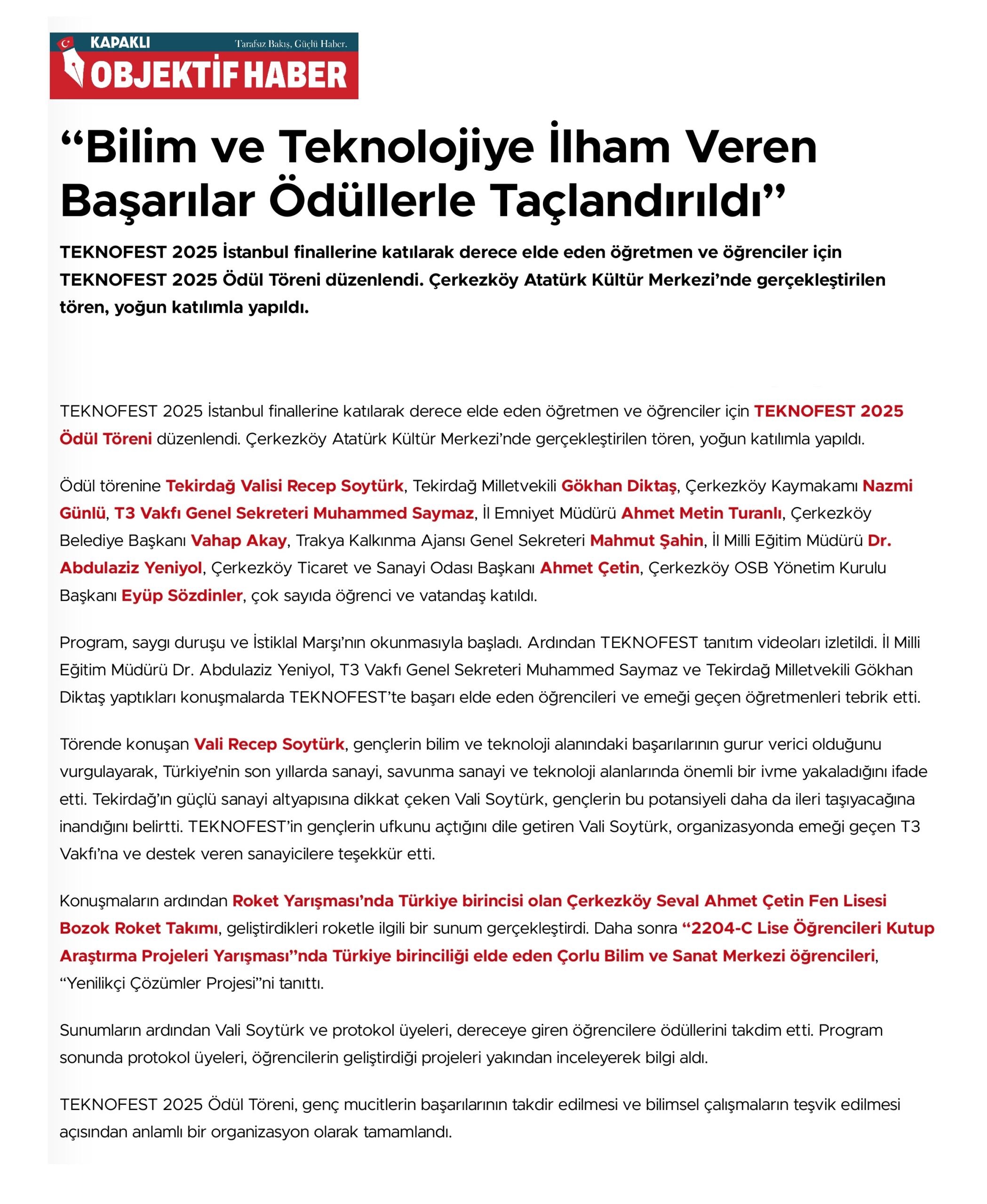 “Bilim ve Teknolojiye İlham Veren Başarılar Ödüllerle Taçlandırıldı”