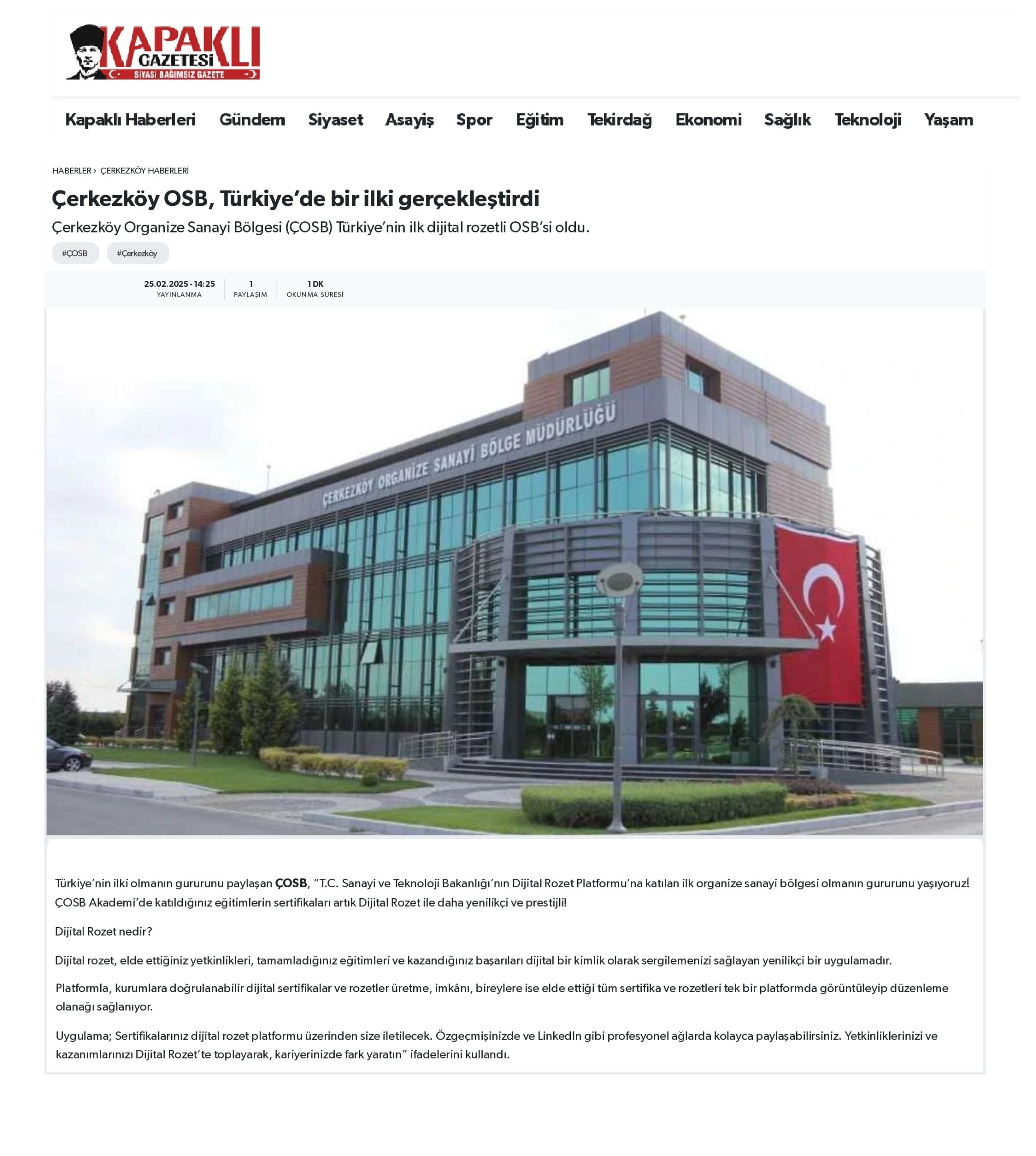 Çerkezköy OSB, Türkiye’de bir ilki gerçekleştirdi