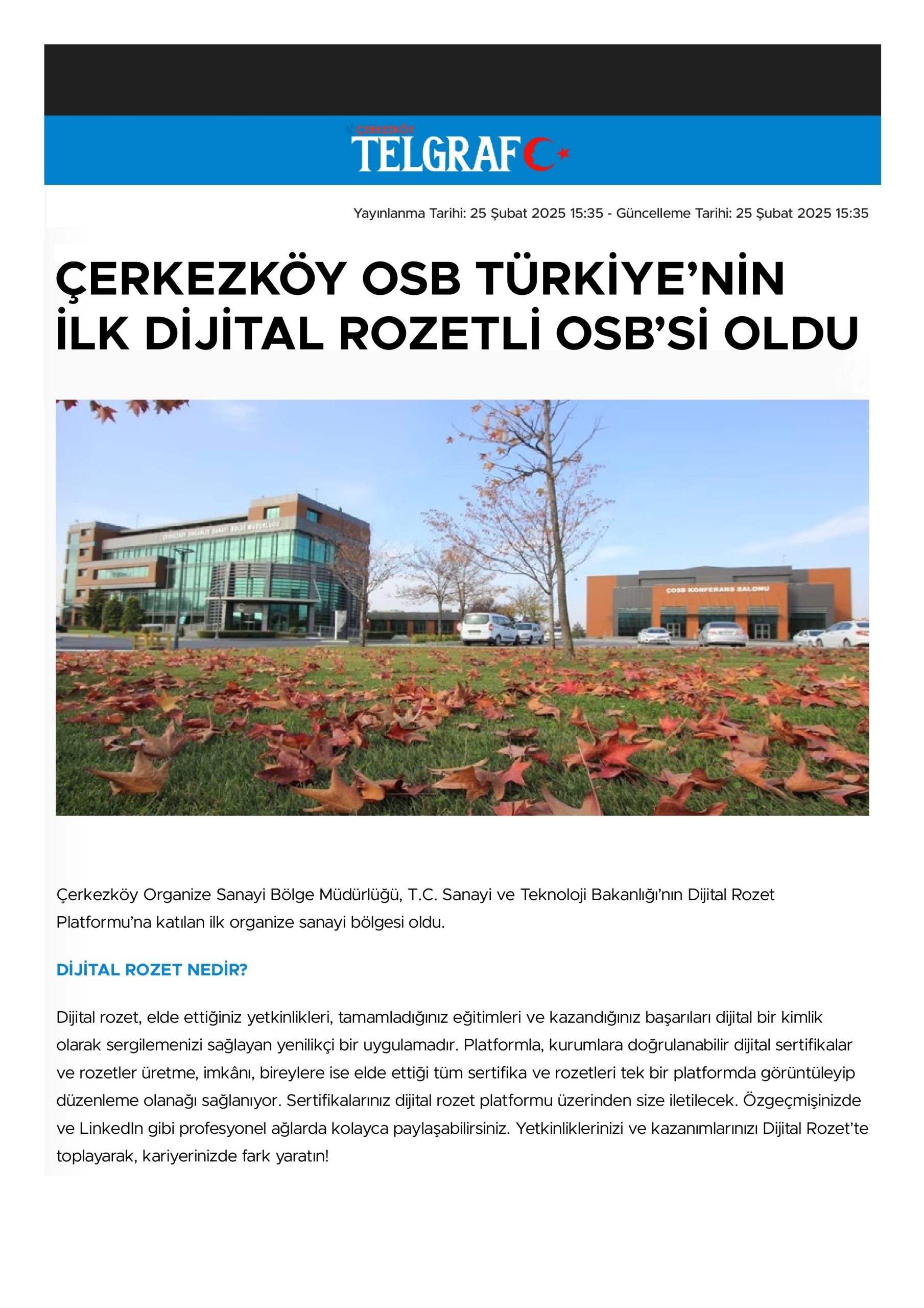 ÇERKEZKÖY OSB TÜRKİYE’NİN İLK DİJİTAL ROZETLİ OSB’Sİ OLDU