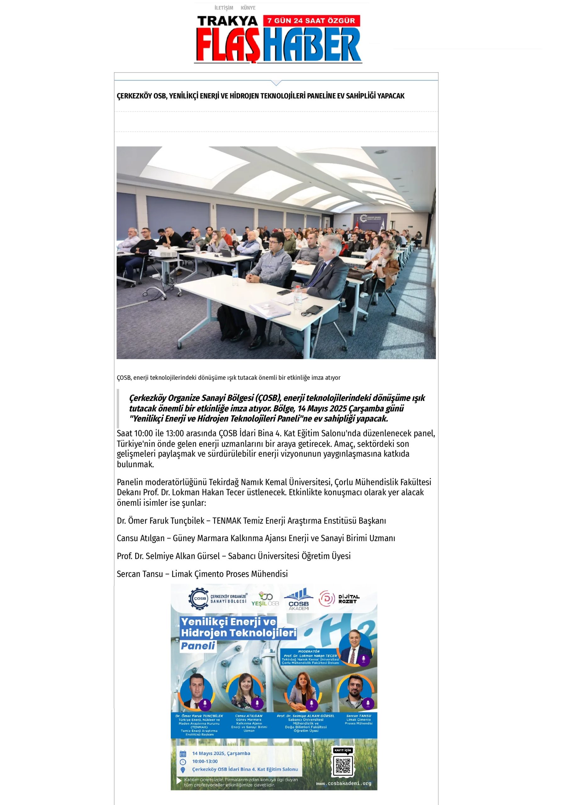 ÇERKEZKÖY OSB, YENİLİKÇİ ENERJİ VE HİDROJEN TEKNOLOJİLERİ PANELİNE EV SAHİPLİĞİ YAPACAK