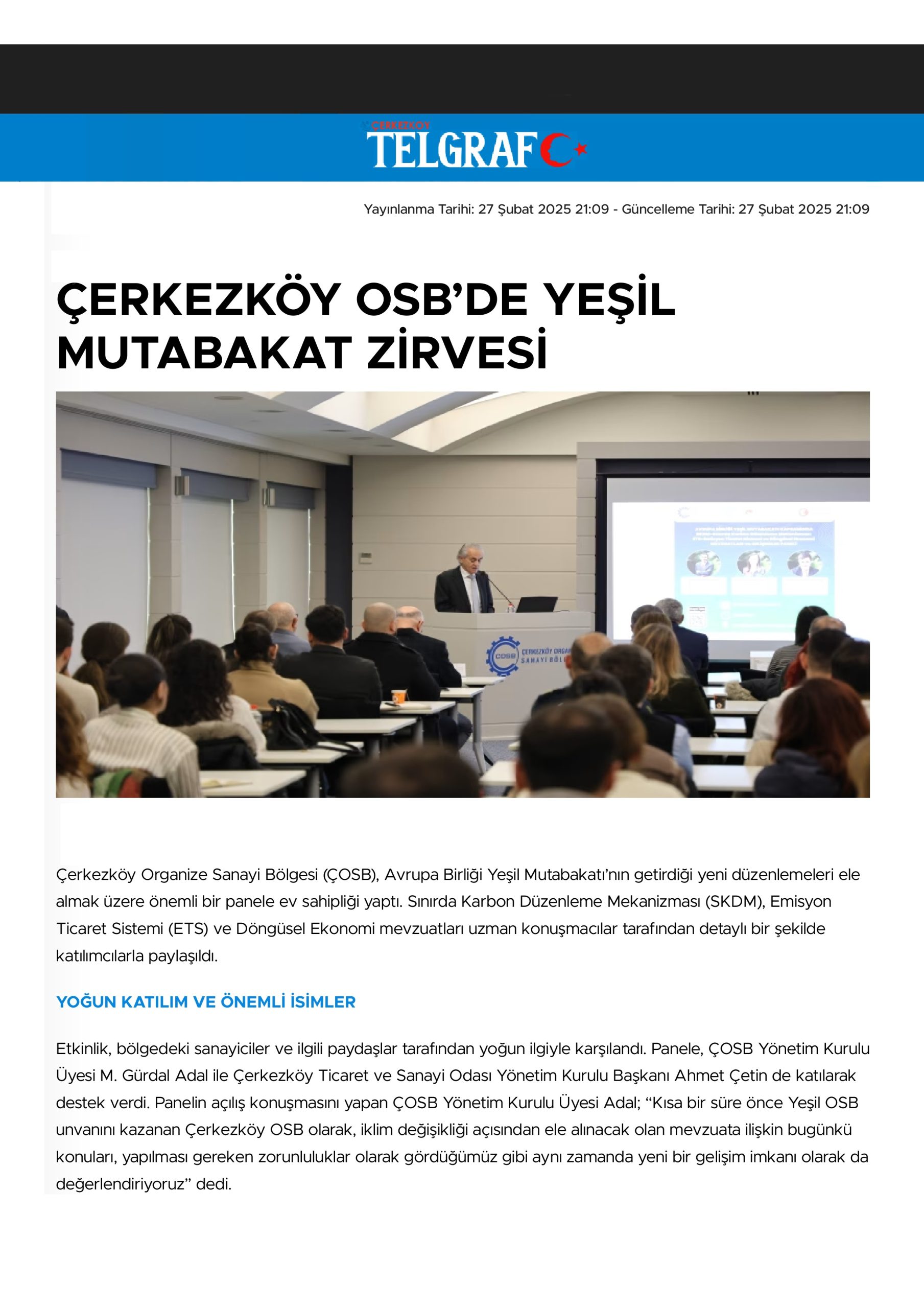 ÇERKEZKÖY OSB’DE YEŞİL MUTABAKAT ZİRVESİ