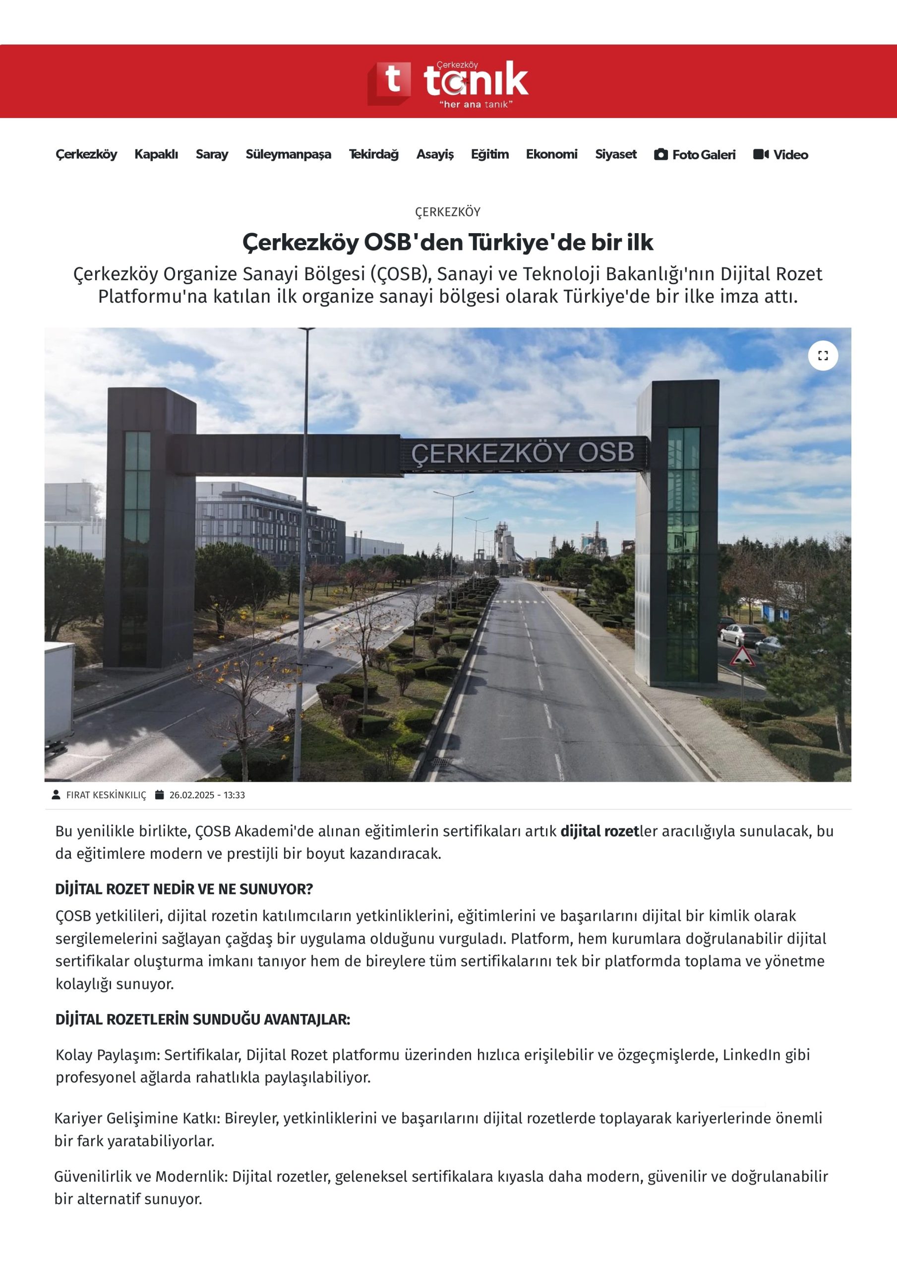Çerkezköy OSB'den Türkiye'de bir ilk