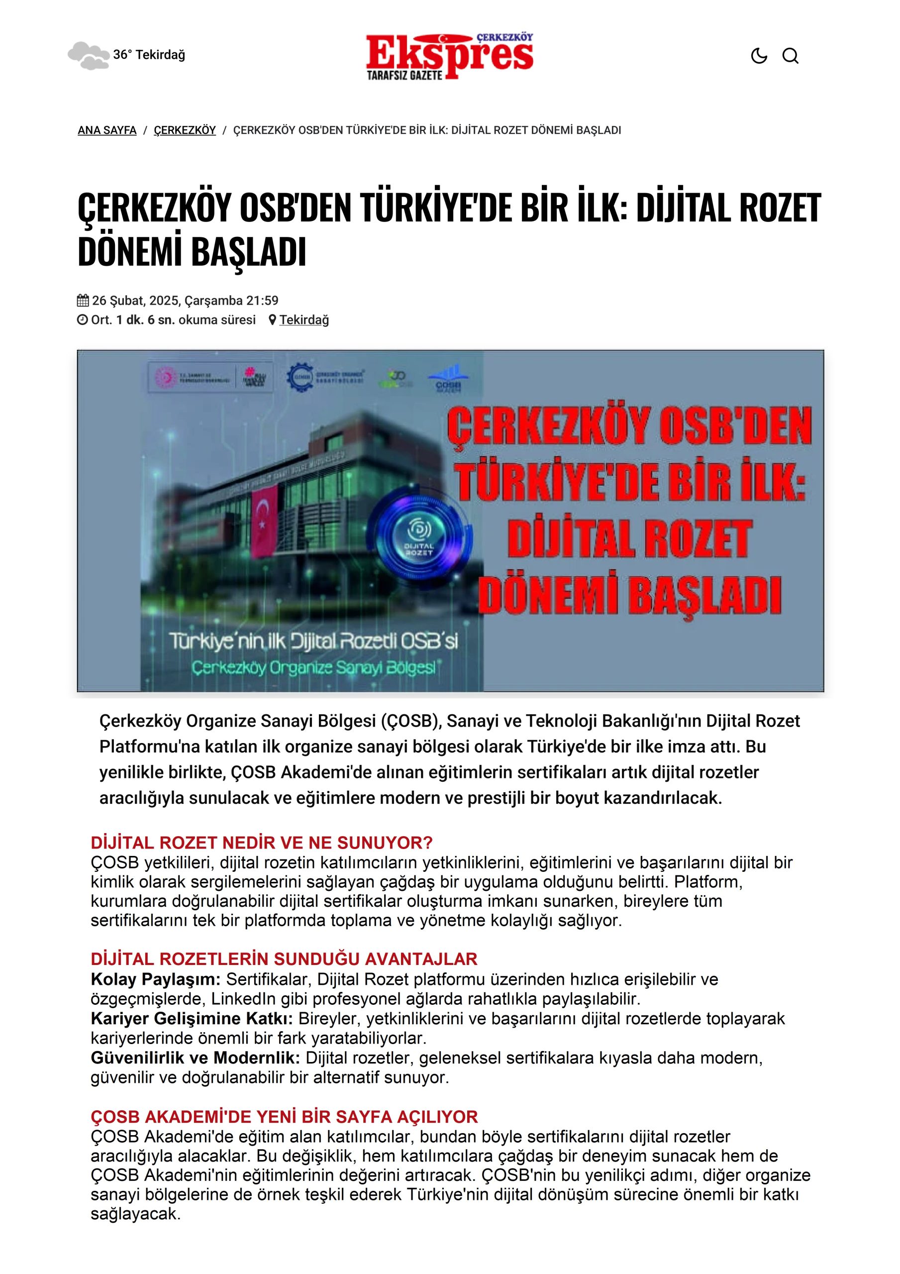 ÇERKEZKÖY OSB'DEN TÜRKİYE'DE BİR İLK: DİJİTAL ROZET DÖNEMİ BAŞLADI Kaynak Linki = https://www.cerkezkoyekspres.com/haber/cerkezkoy-osbden-turkiyede-bir-ilk-dijital-rozet-donemi-basladi