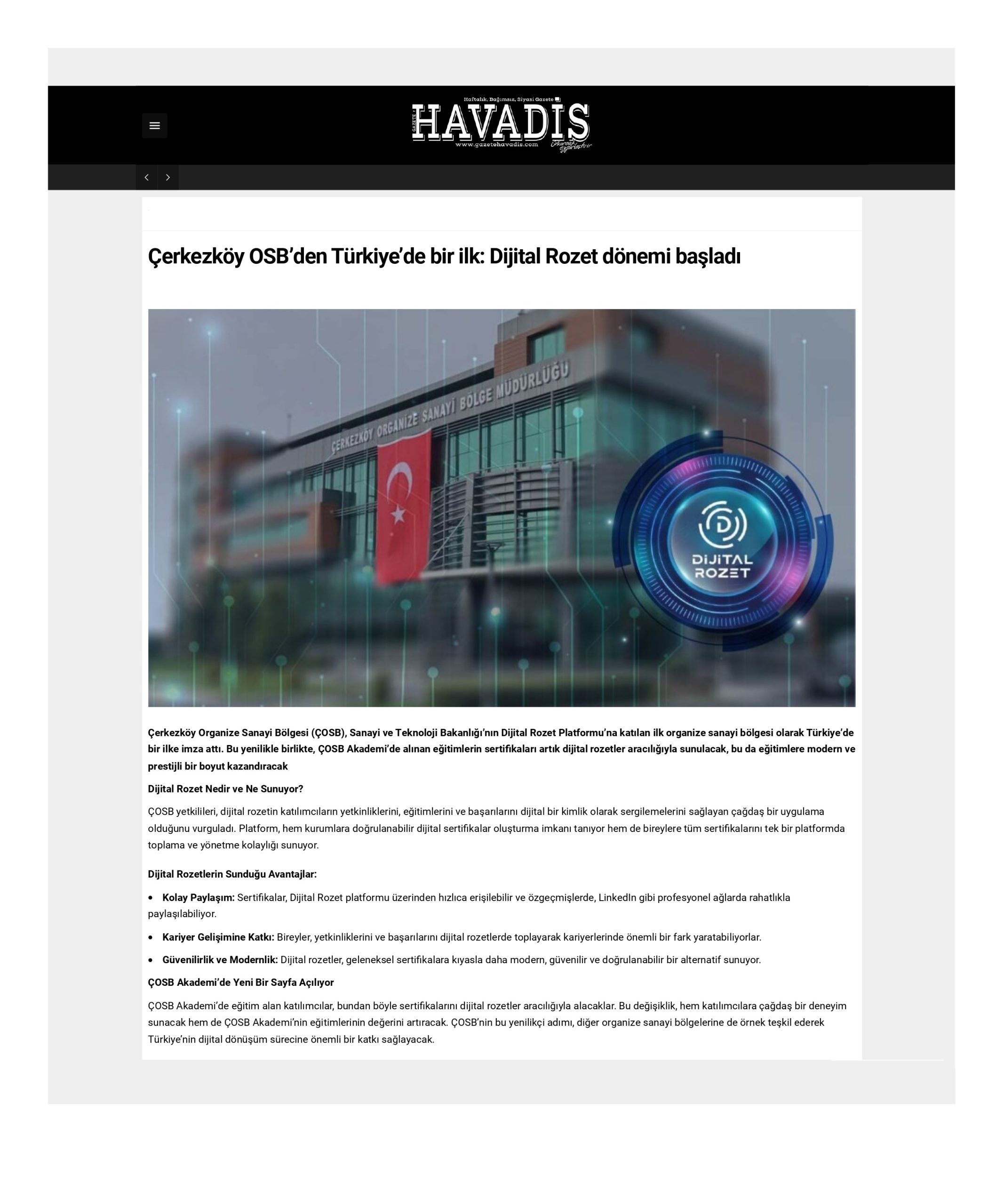 Çerkezköy OSB’den Türkiye’de bir ilk: Dijital Rozet dönemi başladı