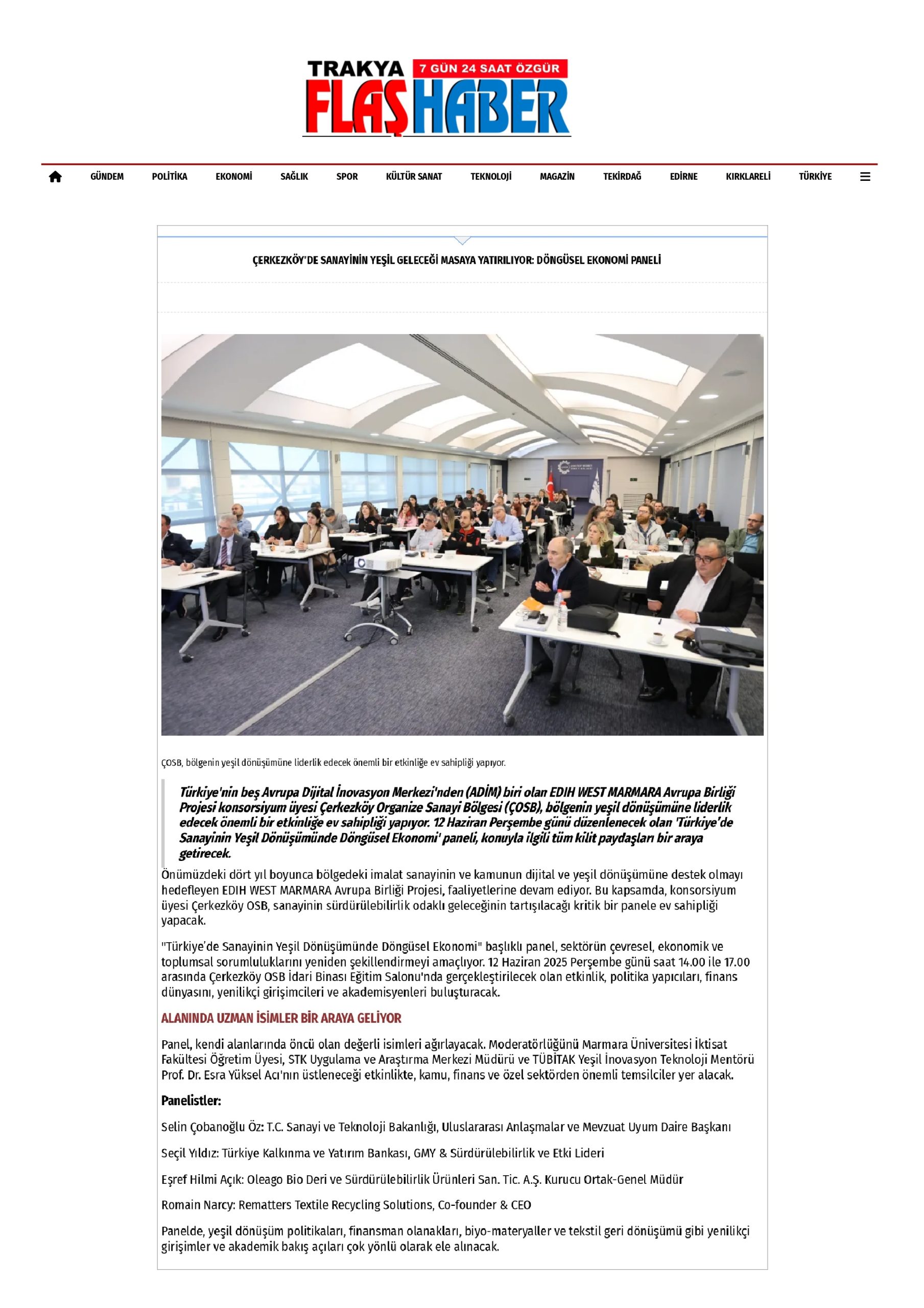 ÇERKEZKÖY'DE SANAYİNİN YEŞİL GELECEĞİ MASAYA YATIRILIYOR: DÖNGÜSEL EKONOMİ PANELİ