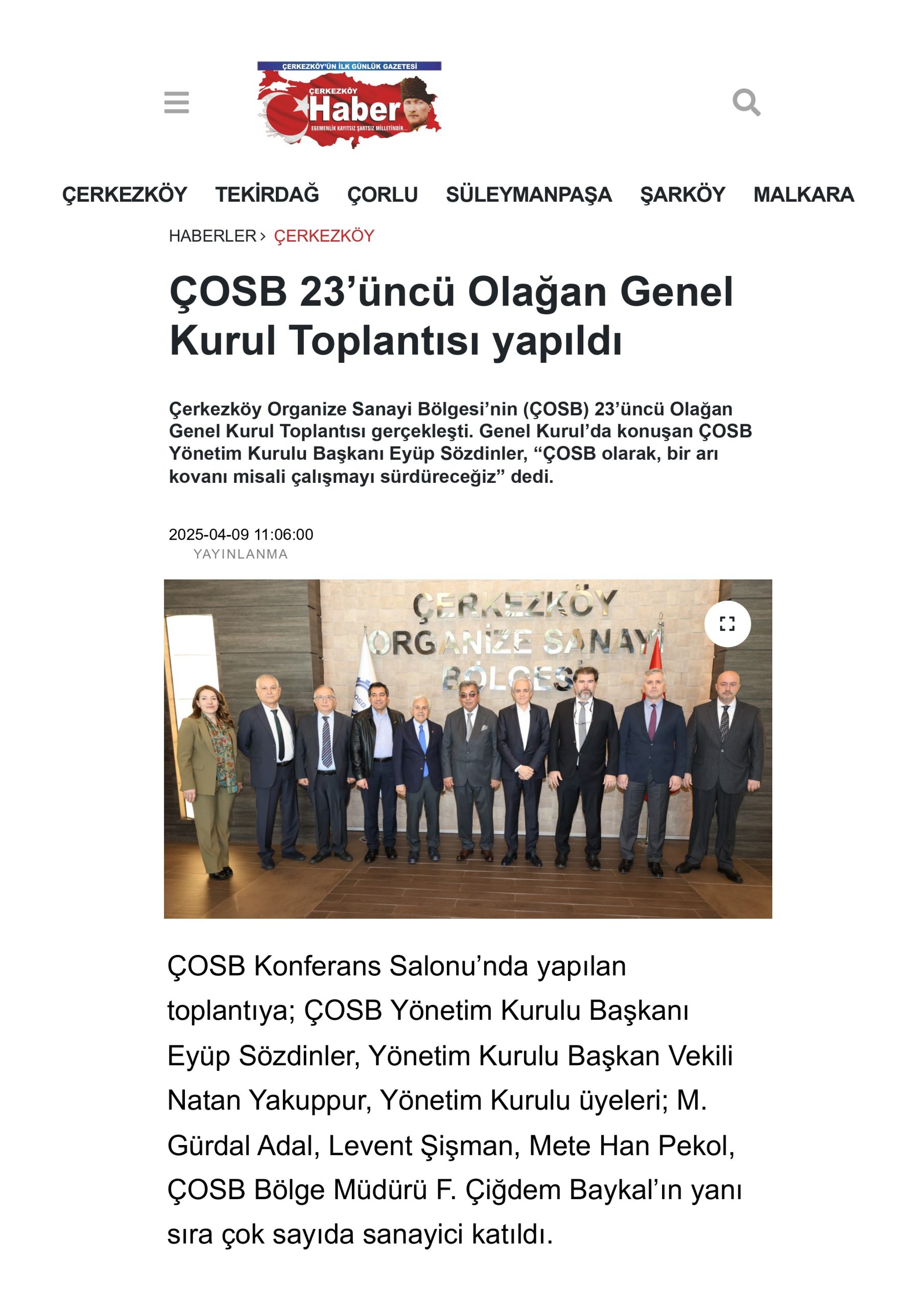 ÇOSB 23’üncü Olağan Genel Kurul Toplantısı yapıldı