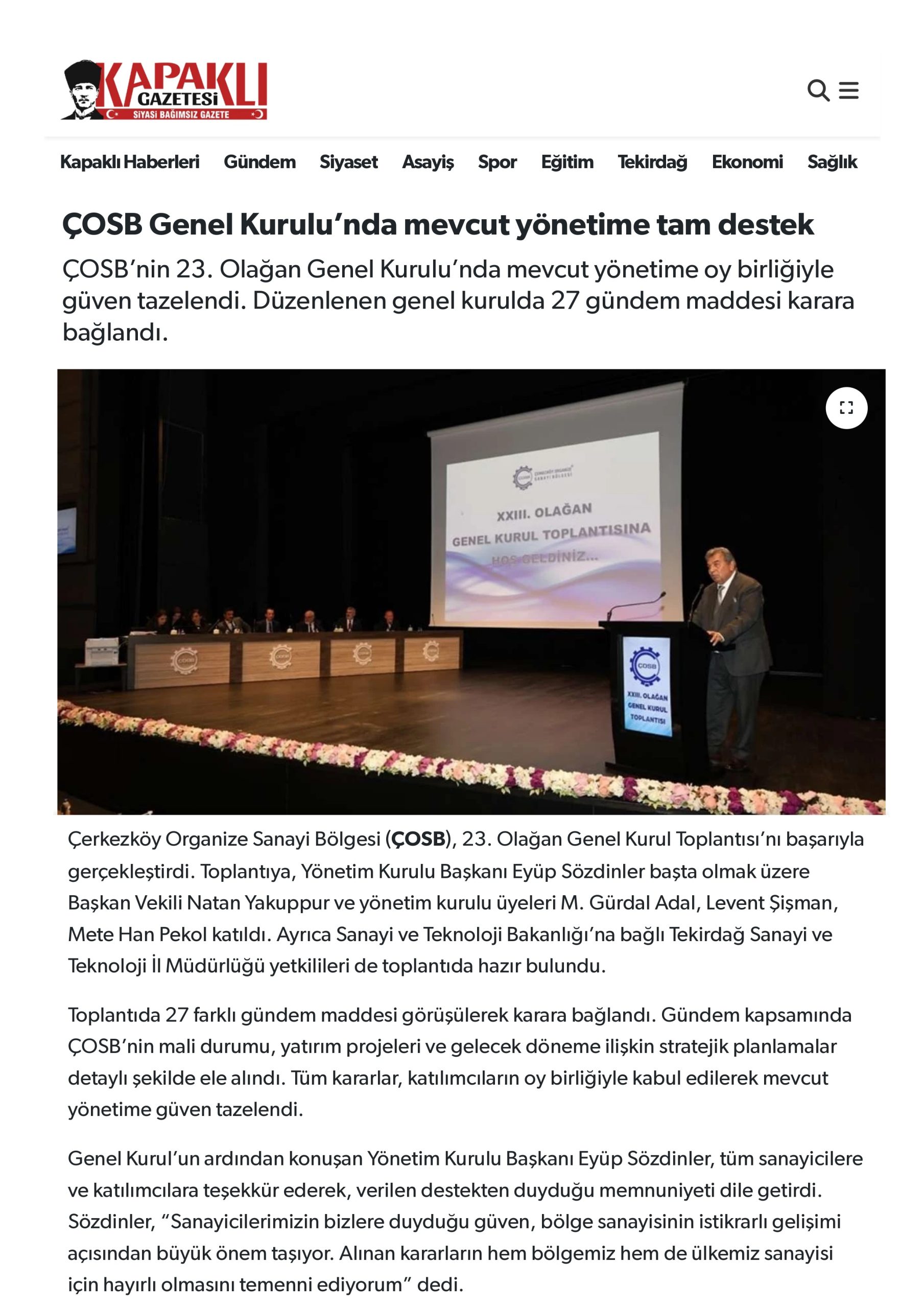 ÇOSB Genel Kurulu’nda mevcut yönetime tam destek