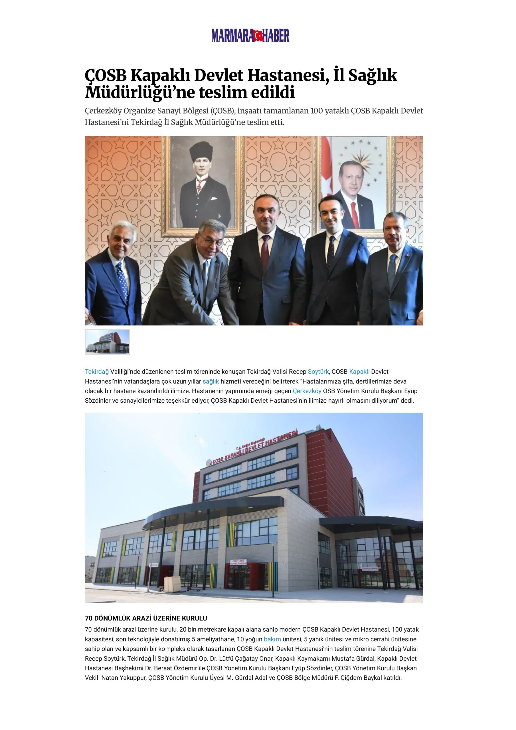 ÇOSB Kapaklı Devlet Hastanesi, İl Sağlık Müdürlüğü’ne teslim edildi