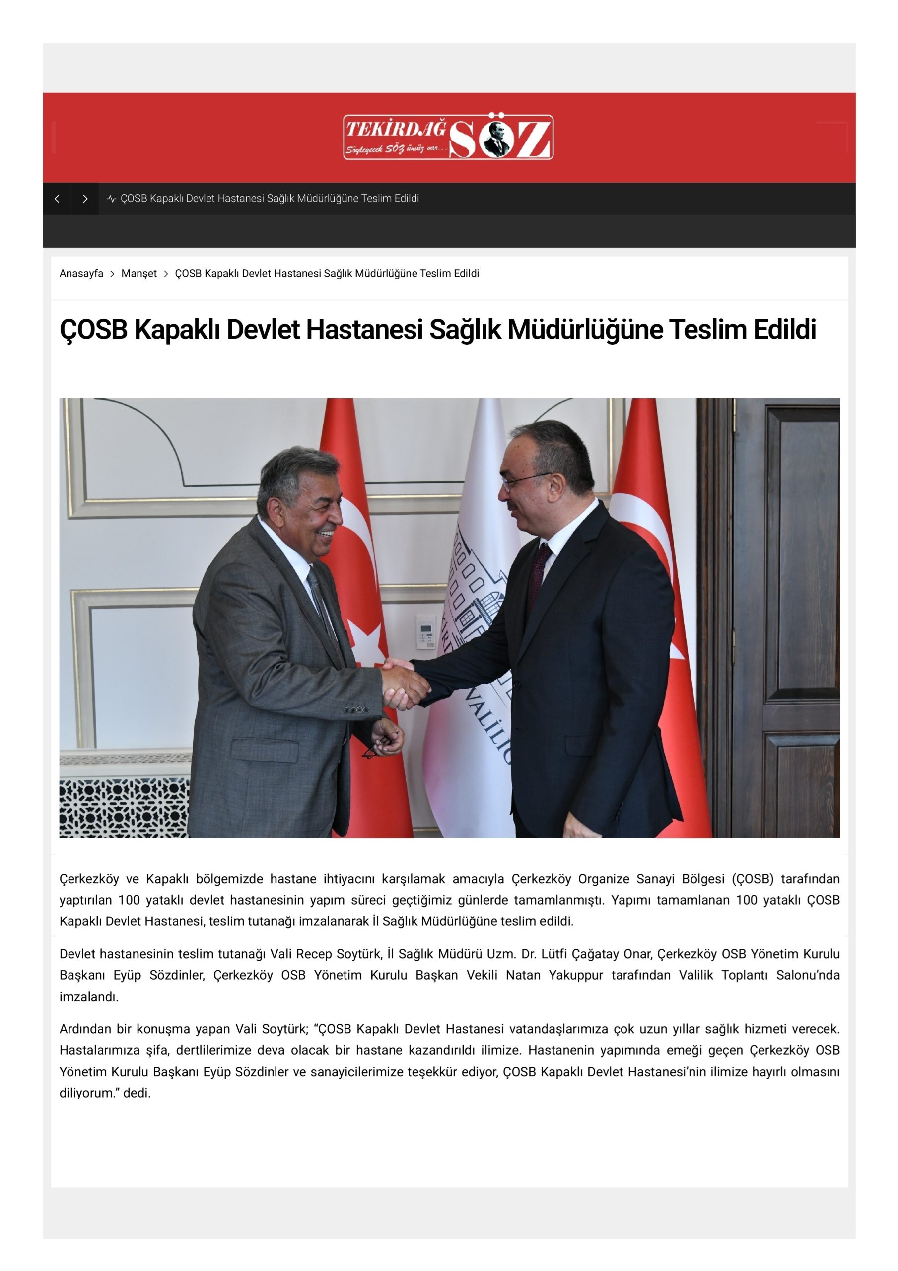 ÇOSB Kapaklı Devlet Hastanesi Sağlık Müdürlüğüne Teslim Edildi