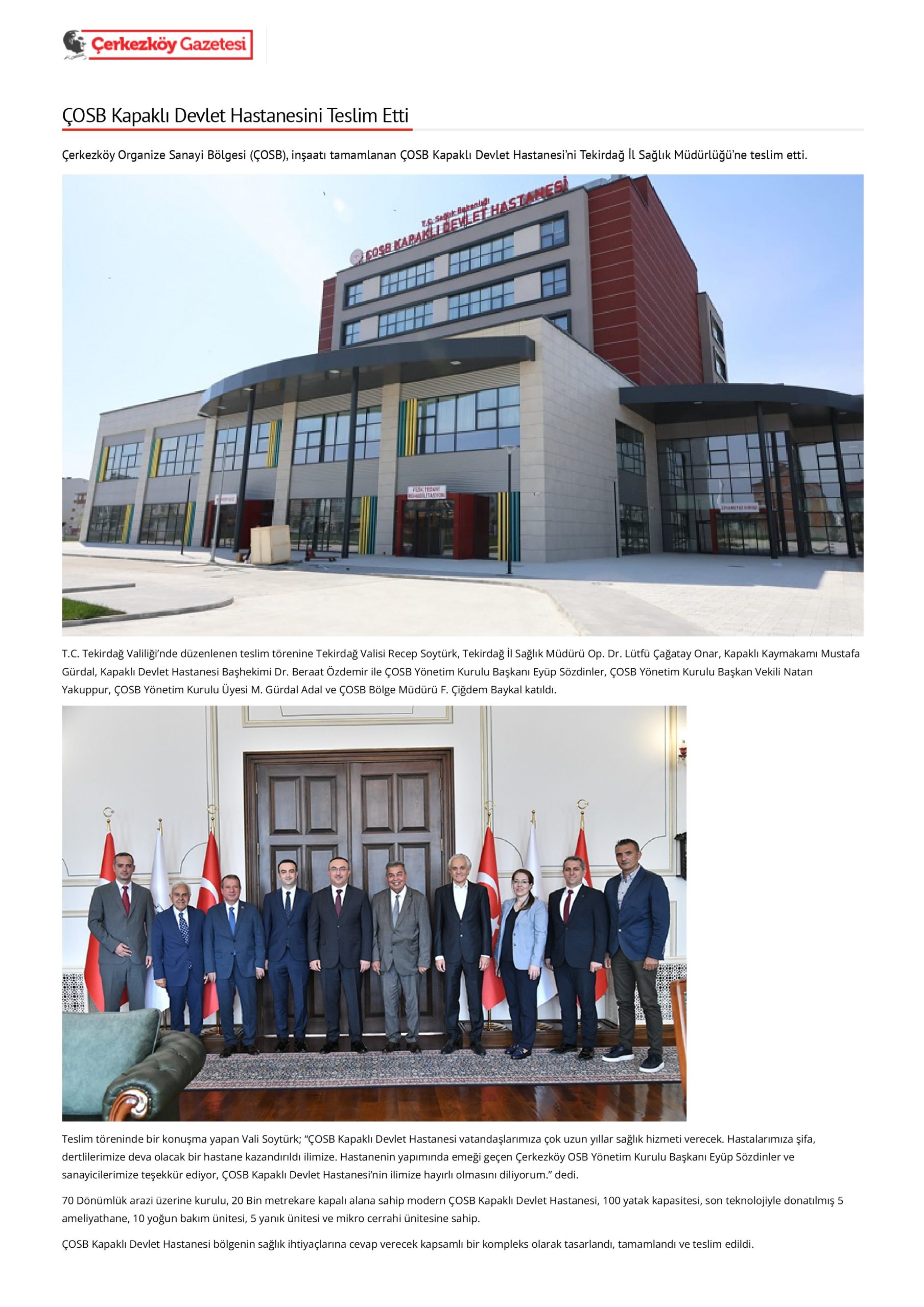 ÇOSB Kapaklı Devlet Hastanesini Teslim Etti