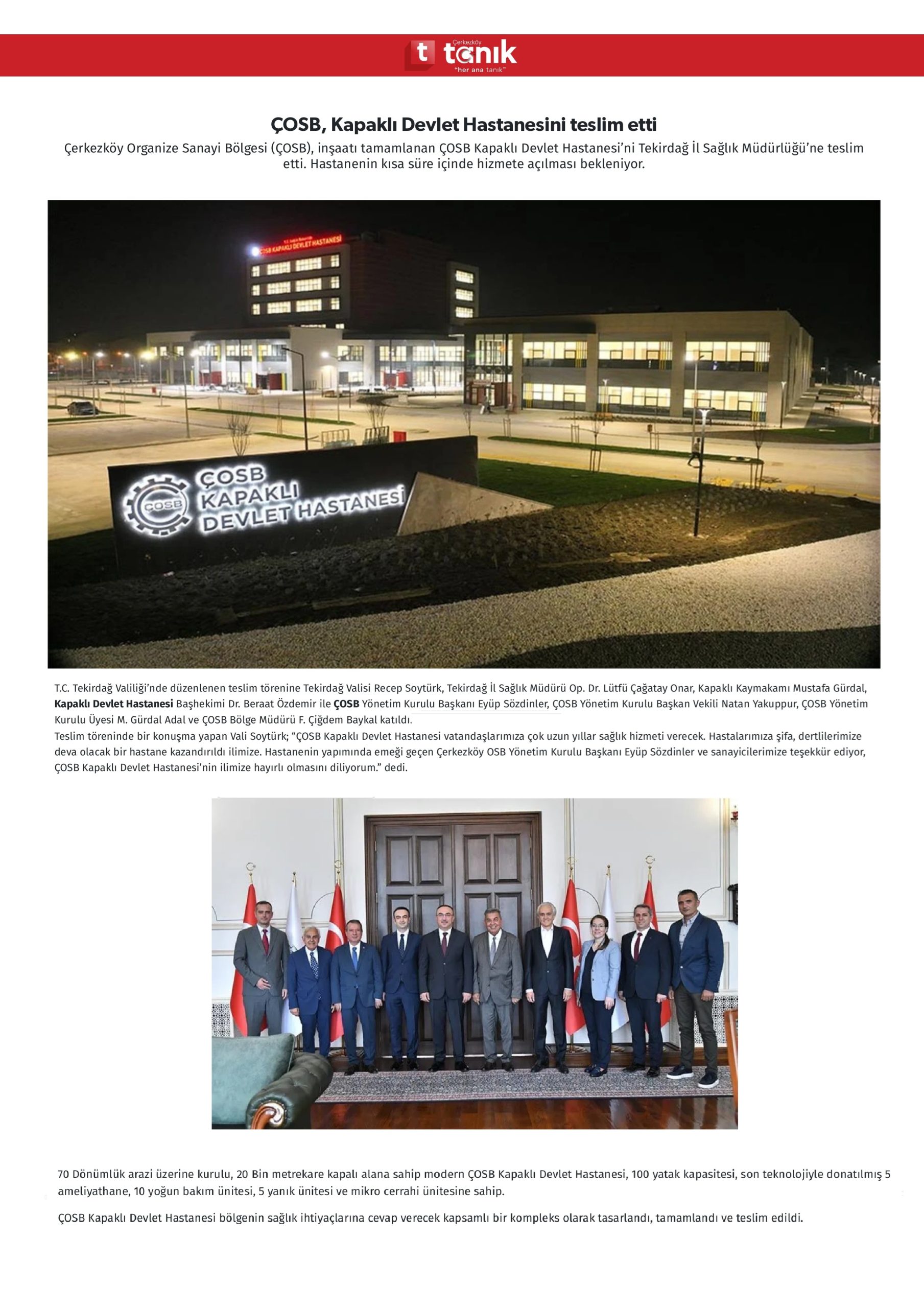 ÇOSB, Kapaklı Devlet Hastanesini teslim etti