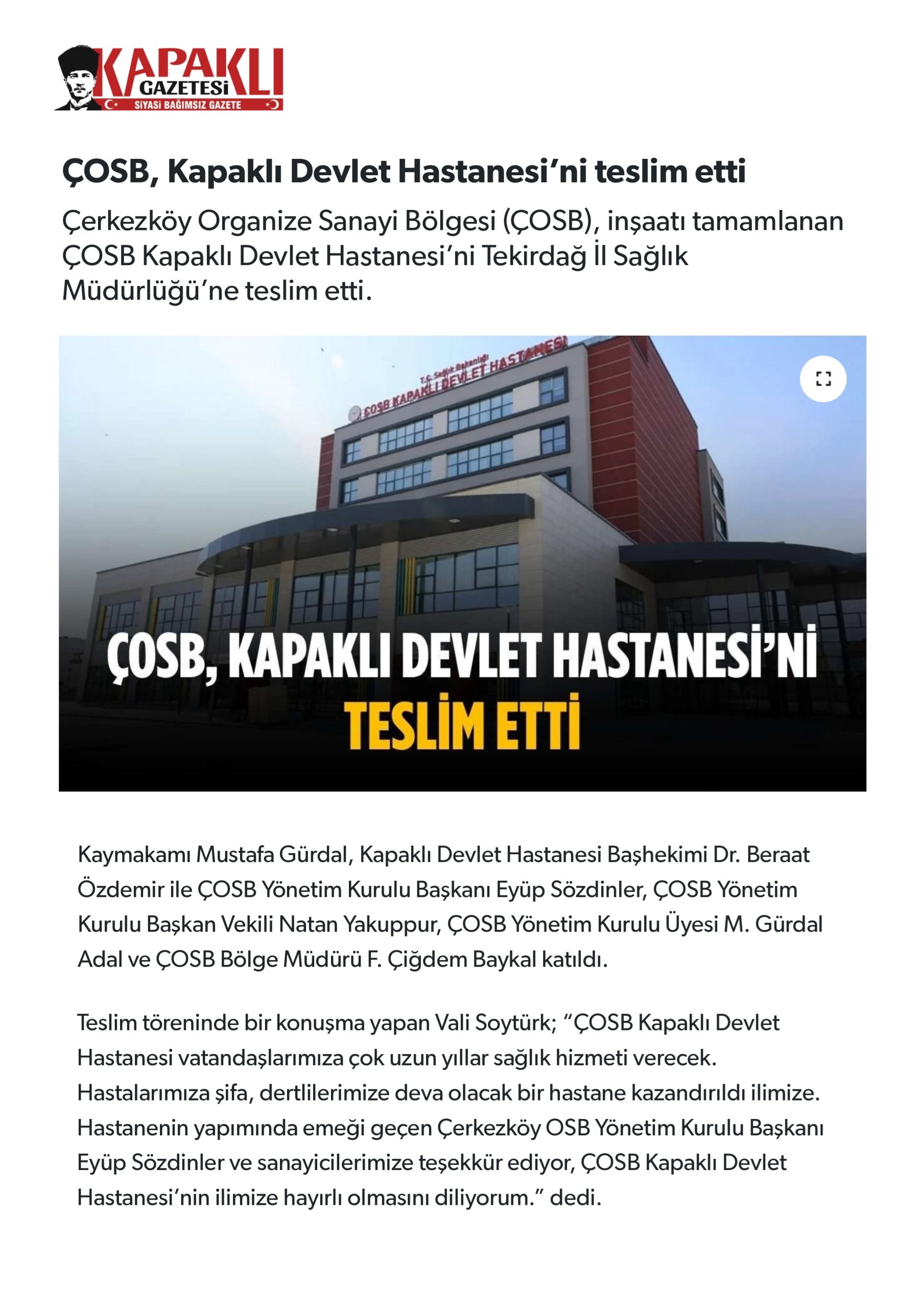 ÇOSB, Kapaklı Devlet Hastanesi’ni teslim etti