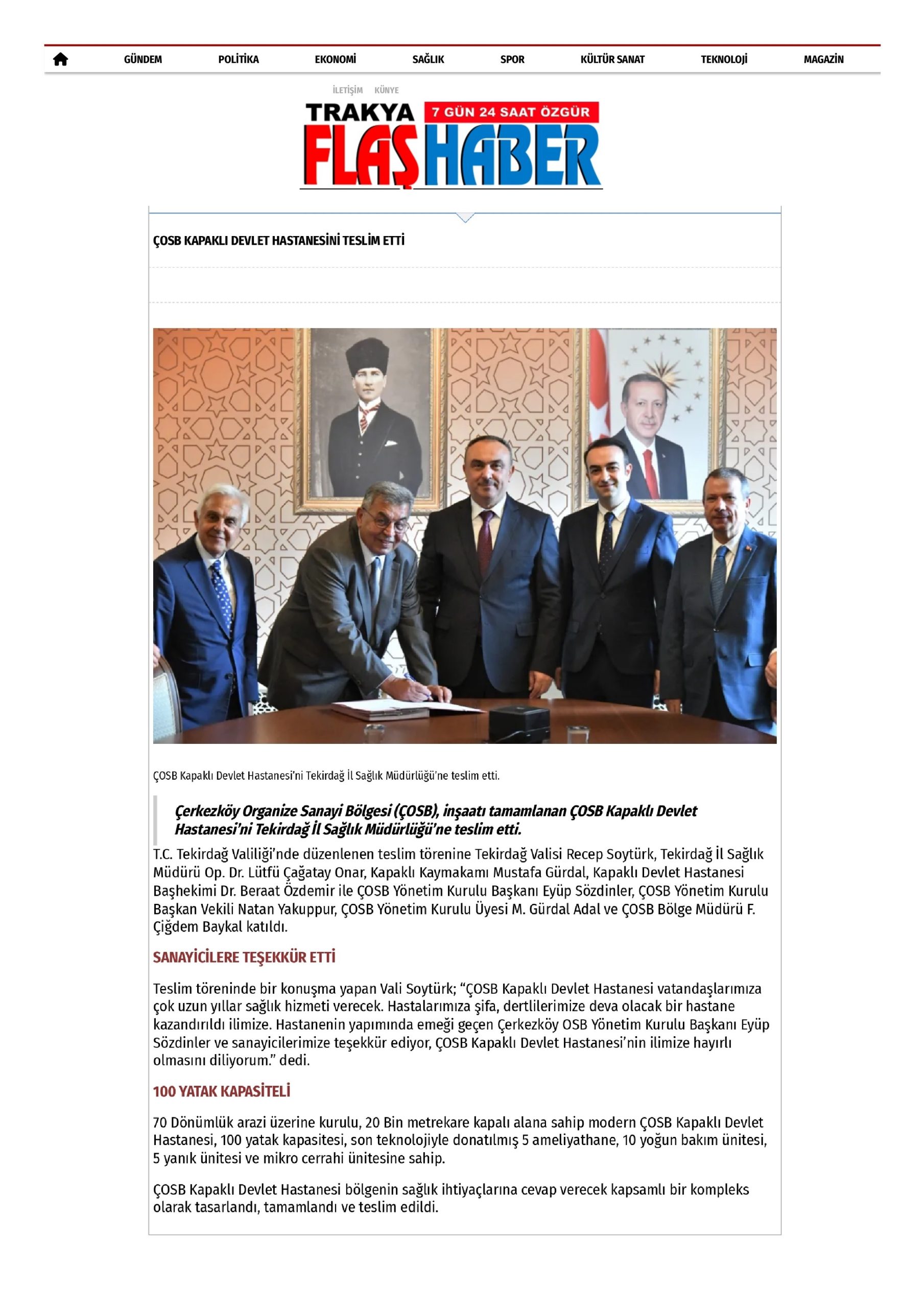 ÇOSB KAPAKLI DEVLET HASTANESİNİ TESLİM ETTİ