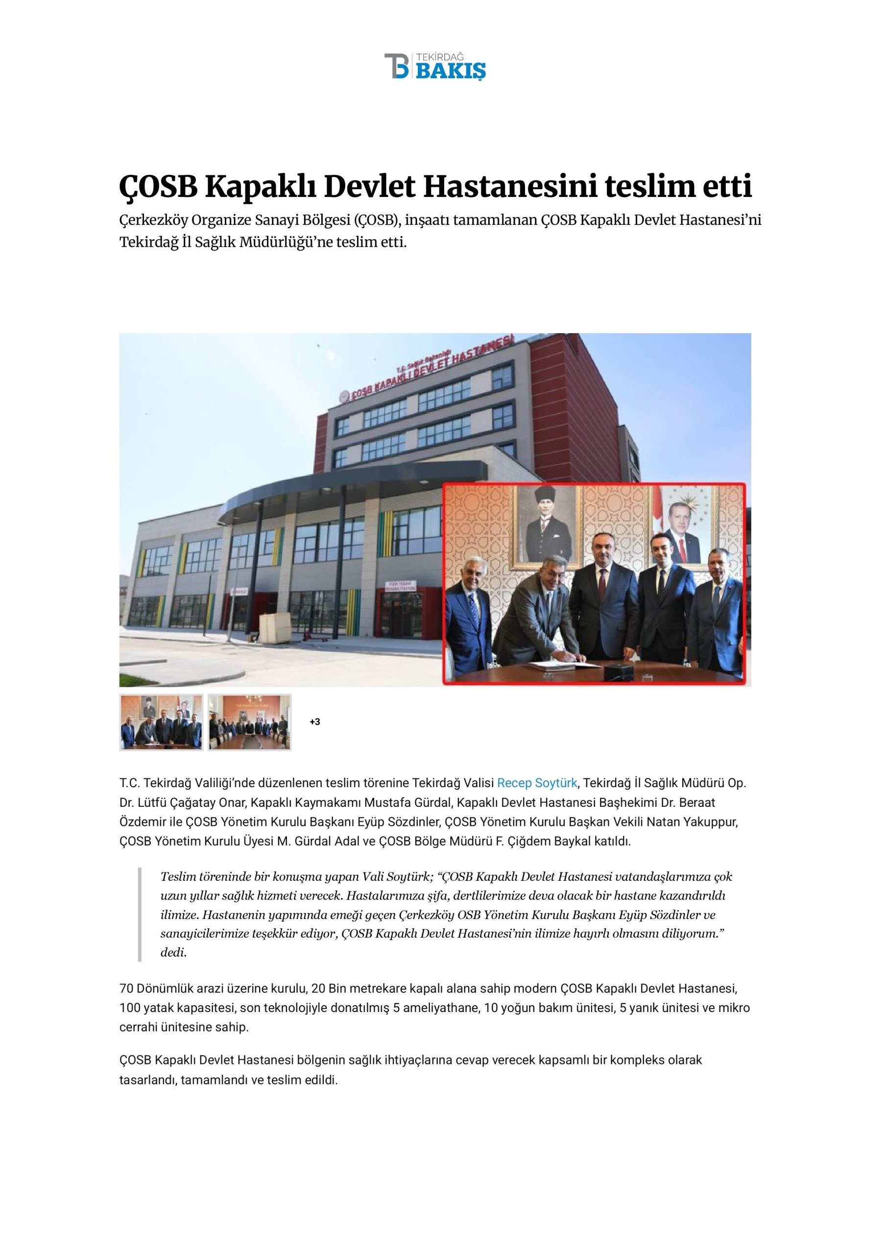 ÇOSB Kapaklı Devlet Hastanesini teslim etti