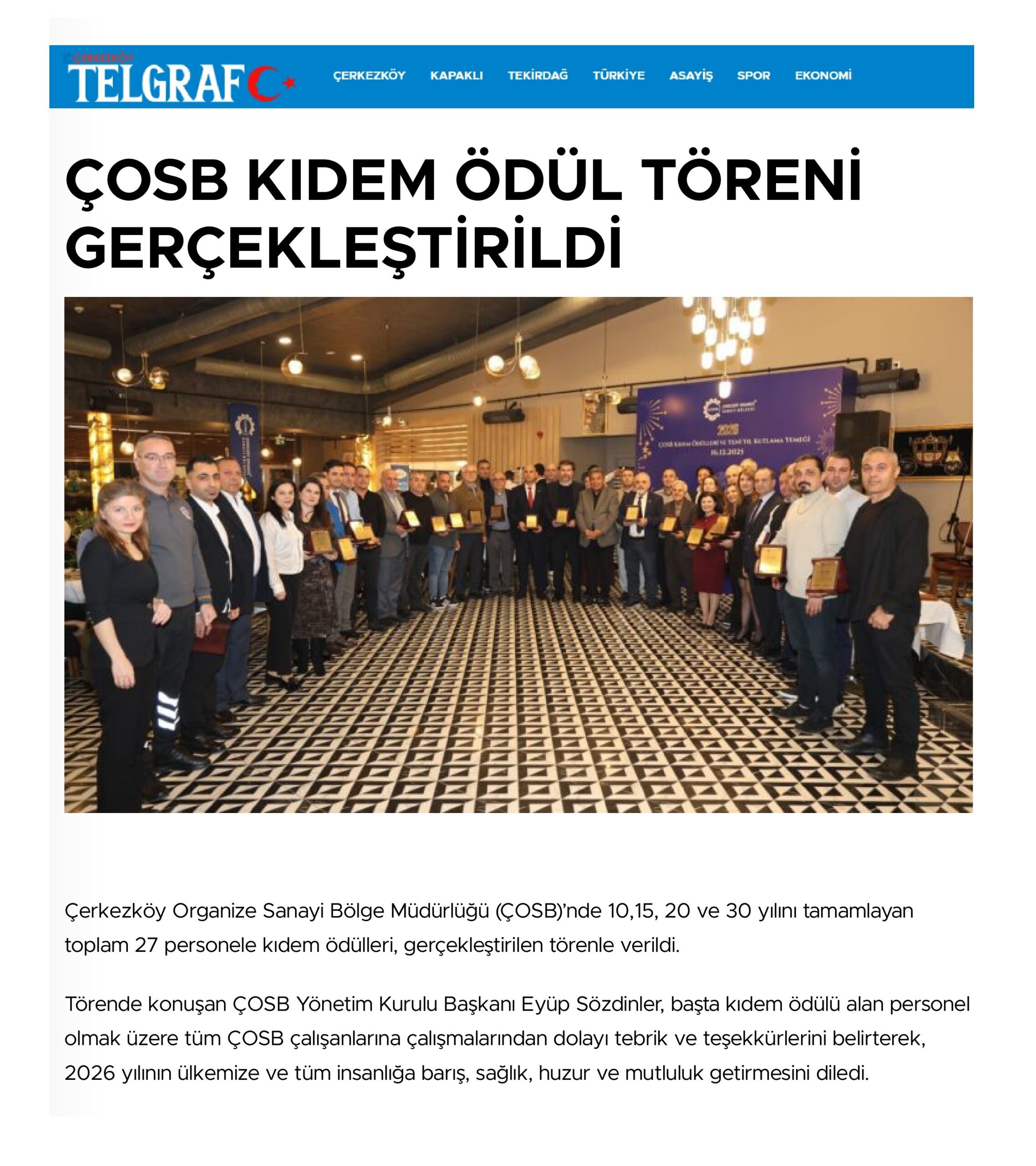 ÇOSB KIDEM ÖDÜL TÖRENİ GERÇEKLEŞTİRİLDİ