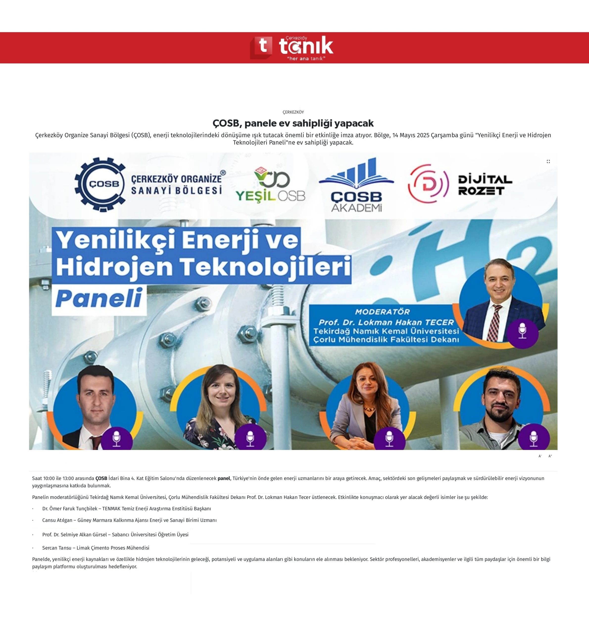 ÇOSB, panele ev sahipliği yapacak