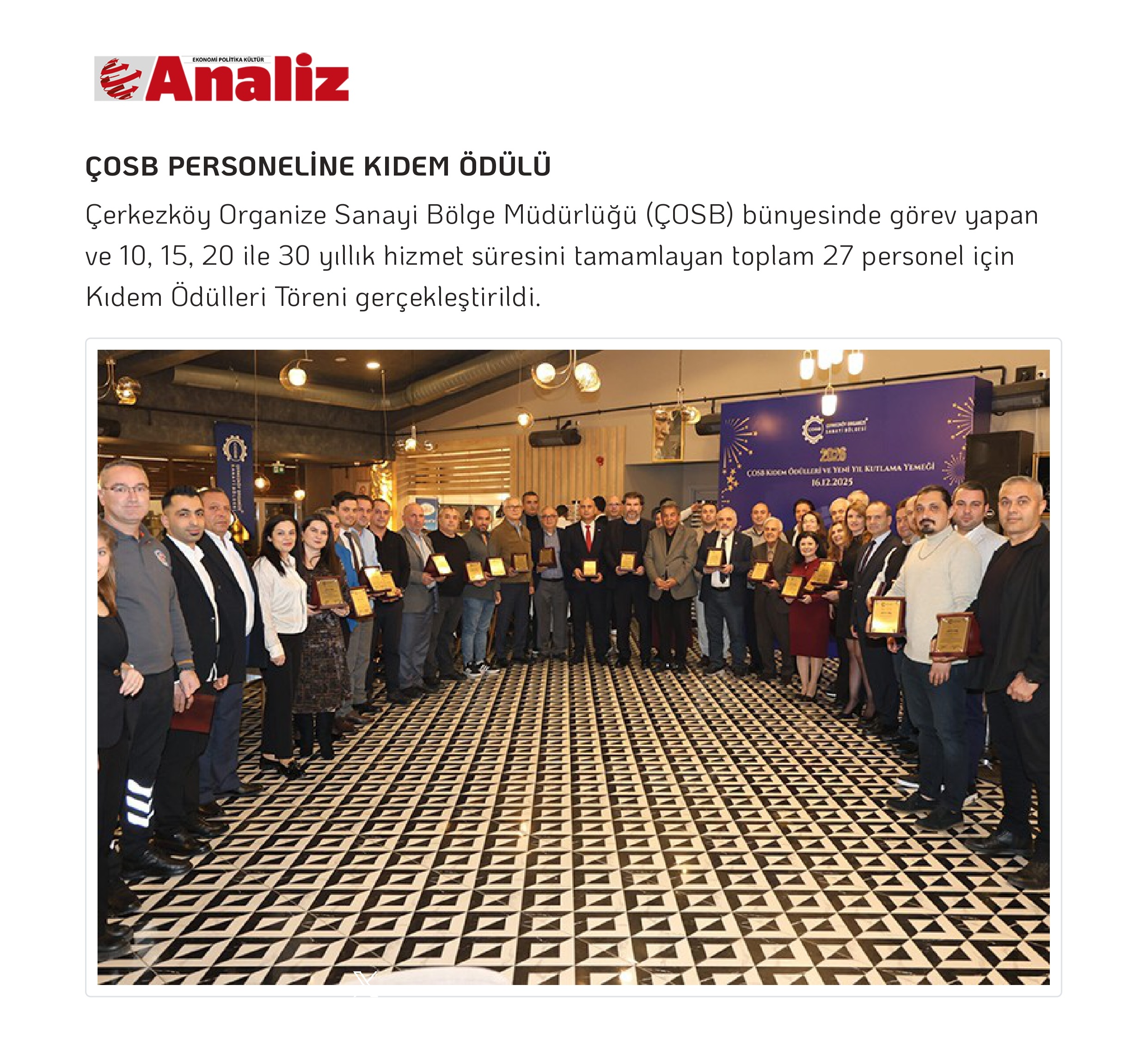 ÇOSB PERSONELİNE KIDEM ÖDÜLÜ