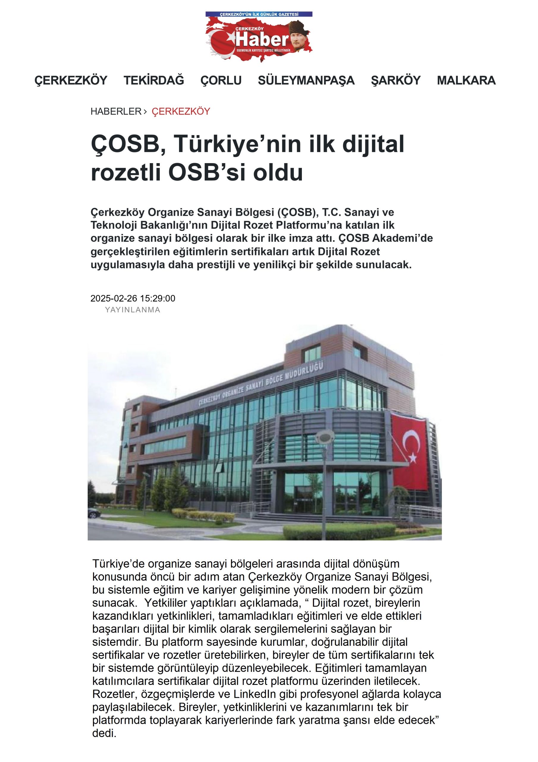 ÇOSB, Türkiye’nin ilk dijital rozetli OSB’si oldu