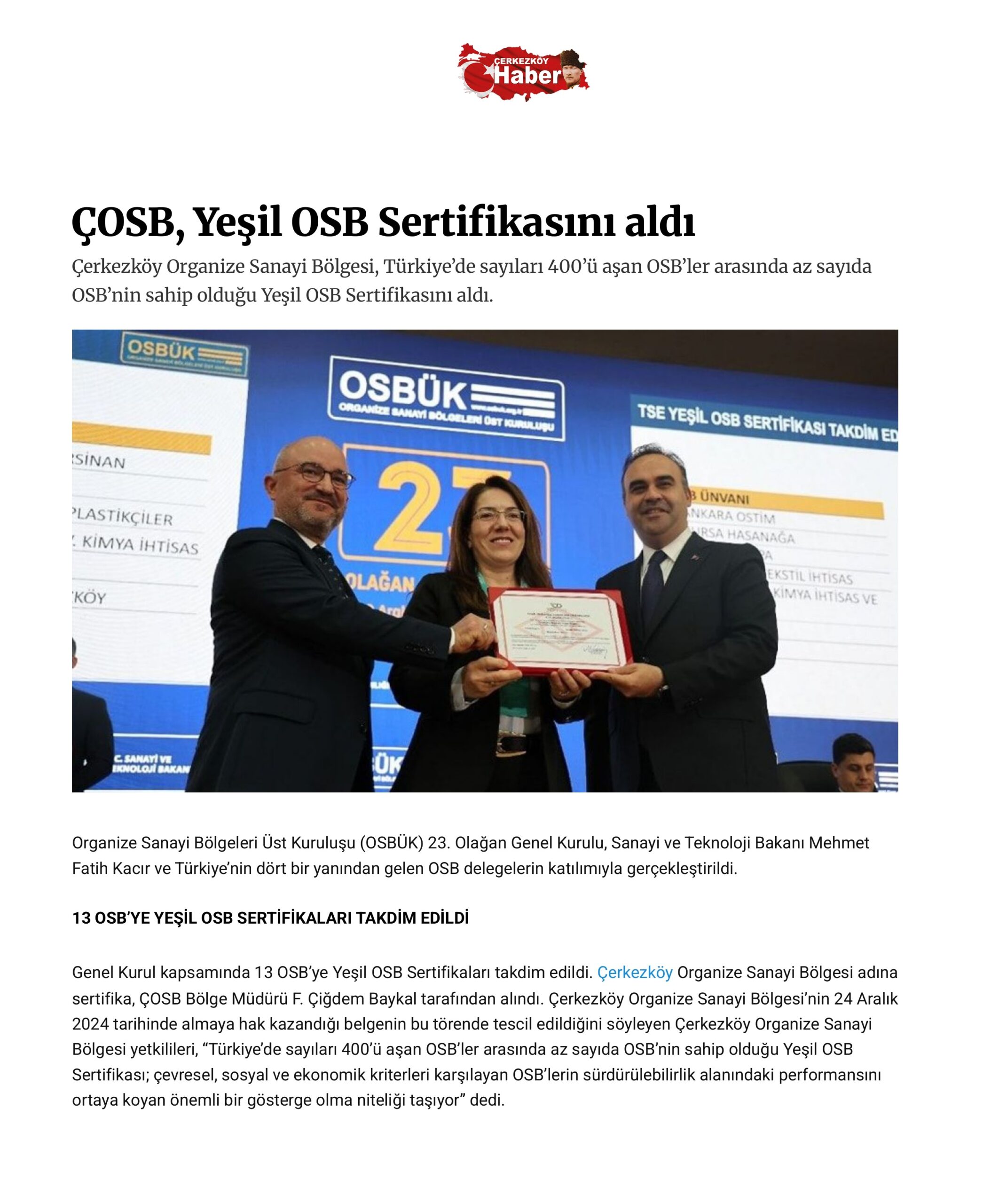 ÇOSB, Yeşil OSB Sertifikasını aldı