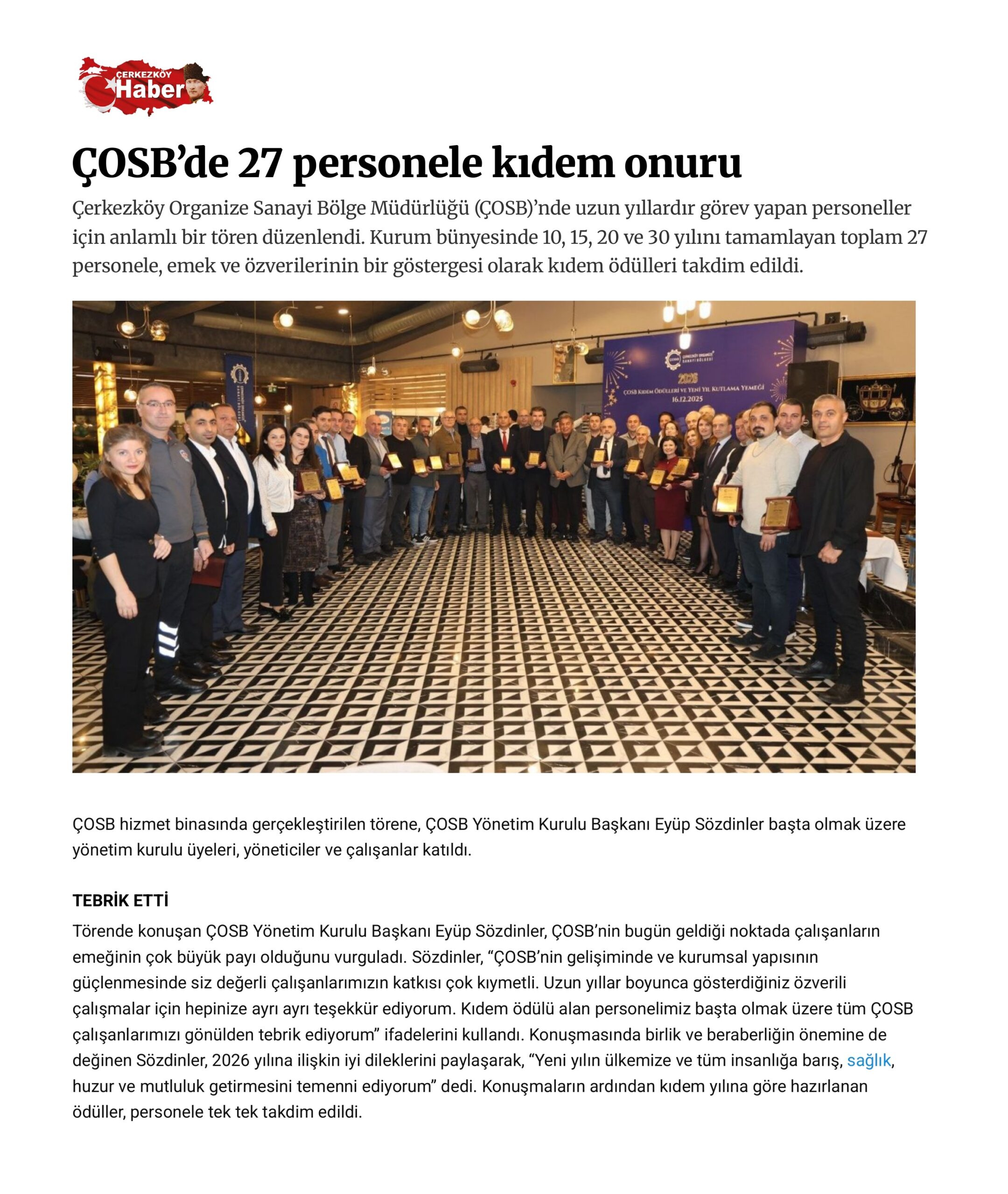 ÇOSB’de 27 personele kıdem onuru