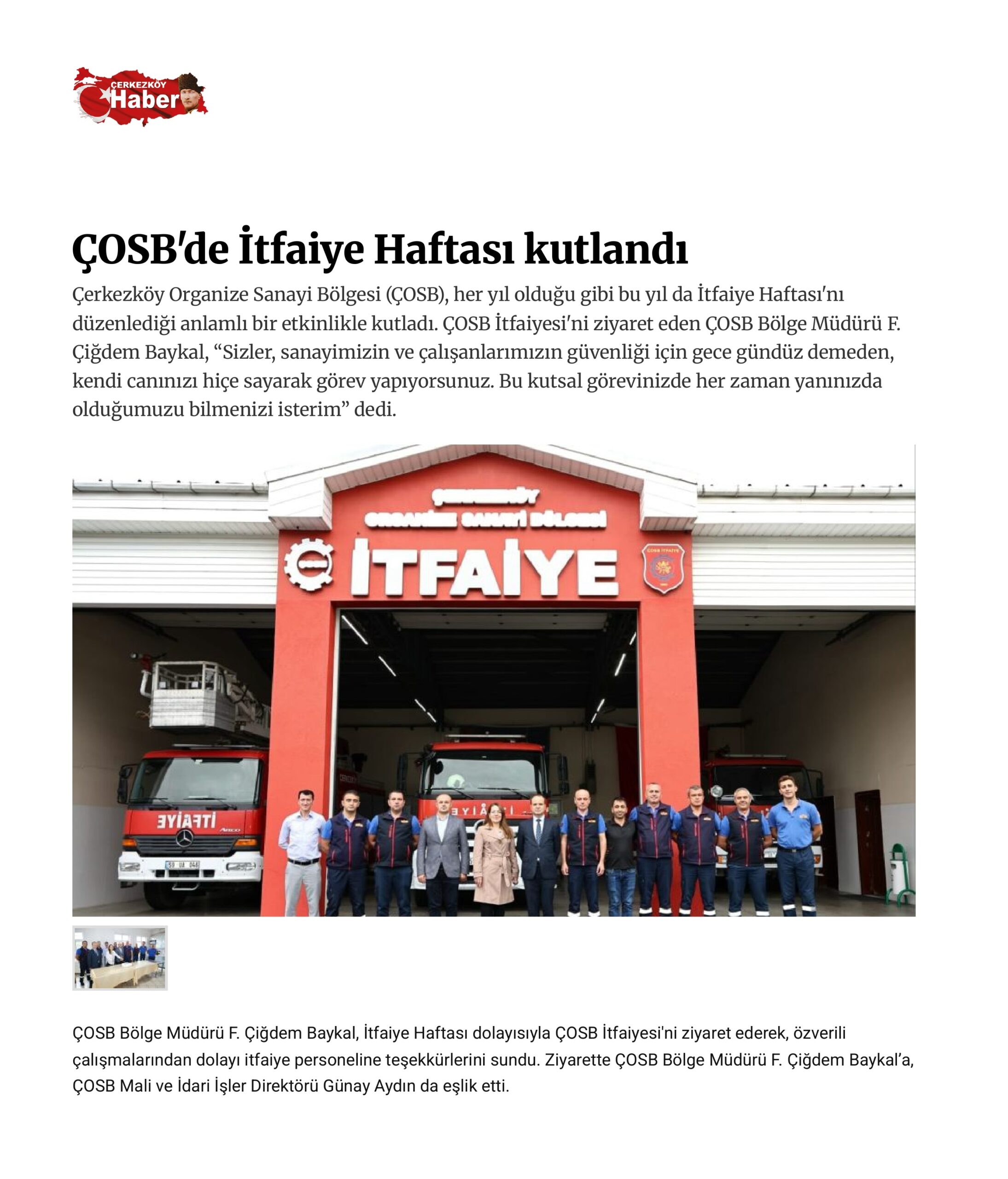 ÇOSB'de İtfaiye Haftası kutlandı