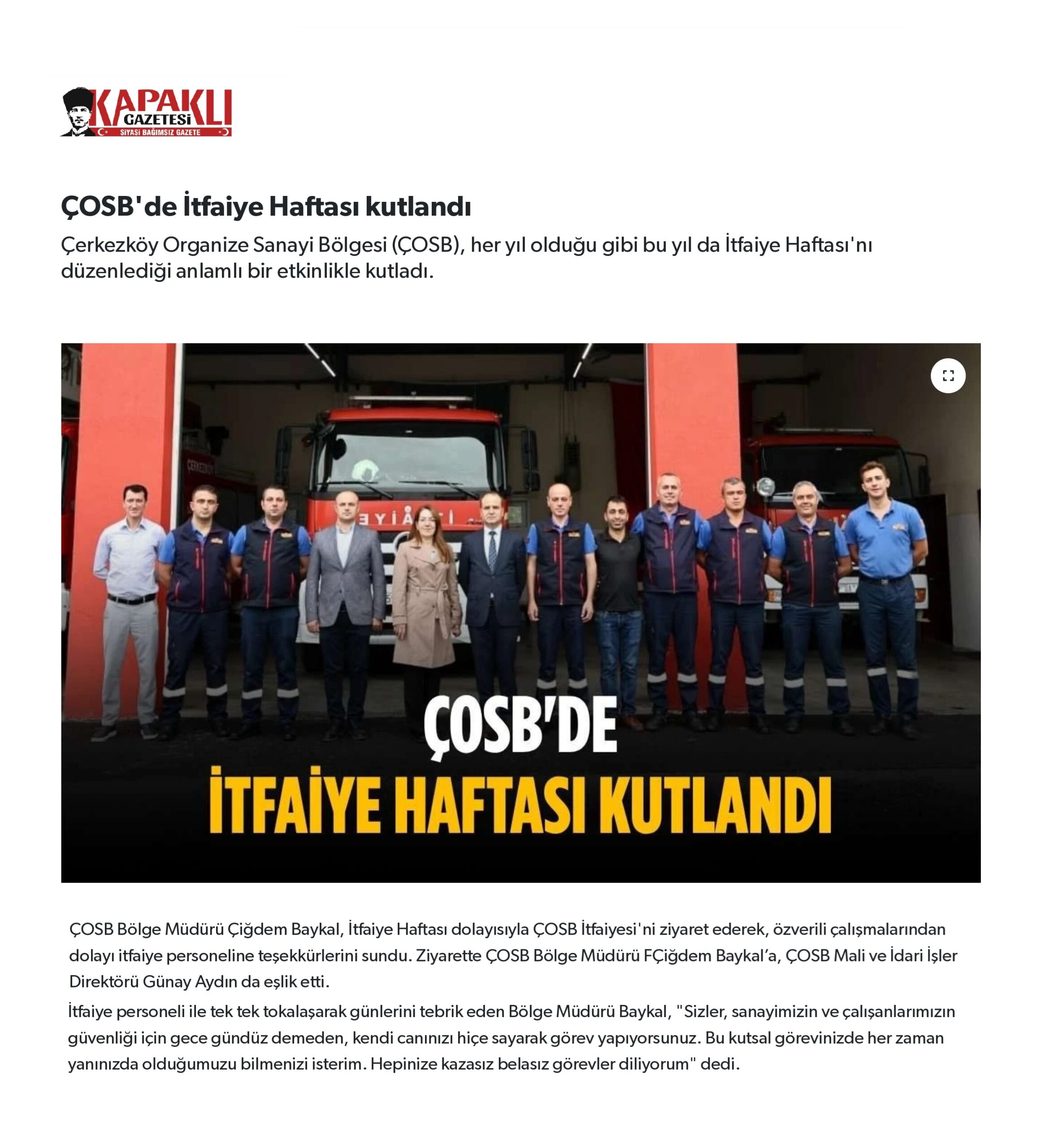 ÇOSB'de İtfaiye Haftası kutlandı
