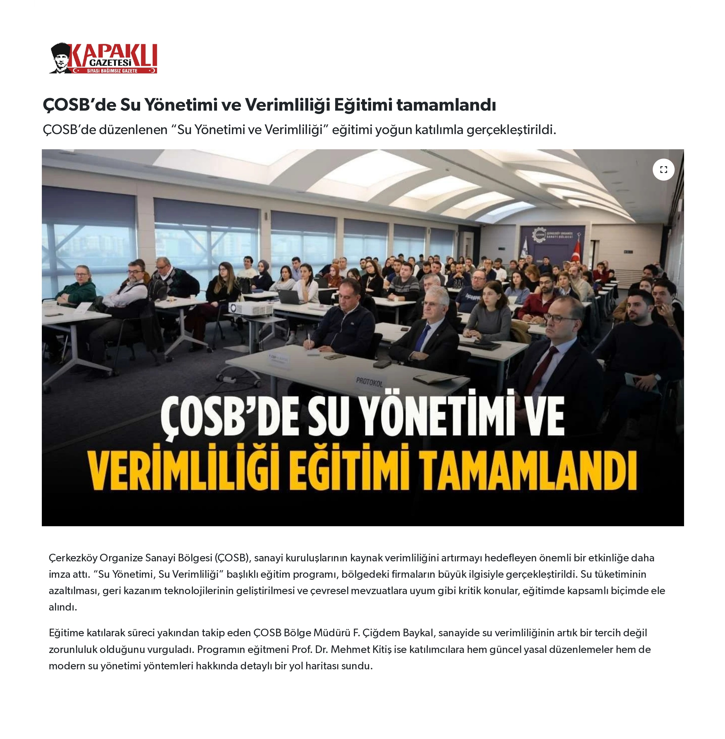 ÇOSB’de Su Yönetimi ve Verimliliği Eğitimi tamamlandı