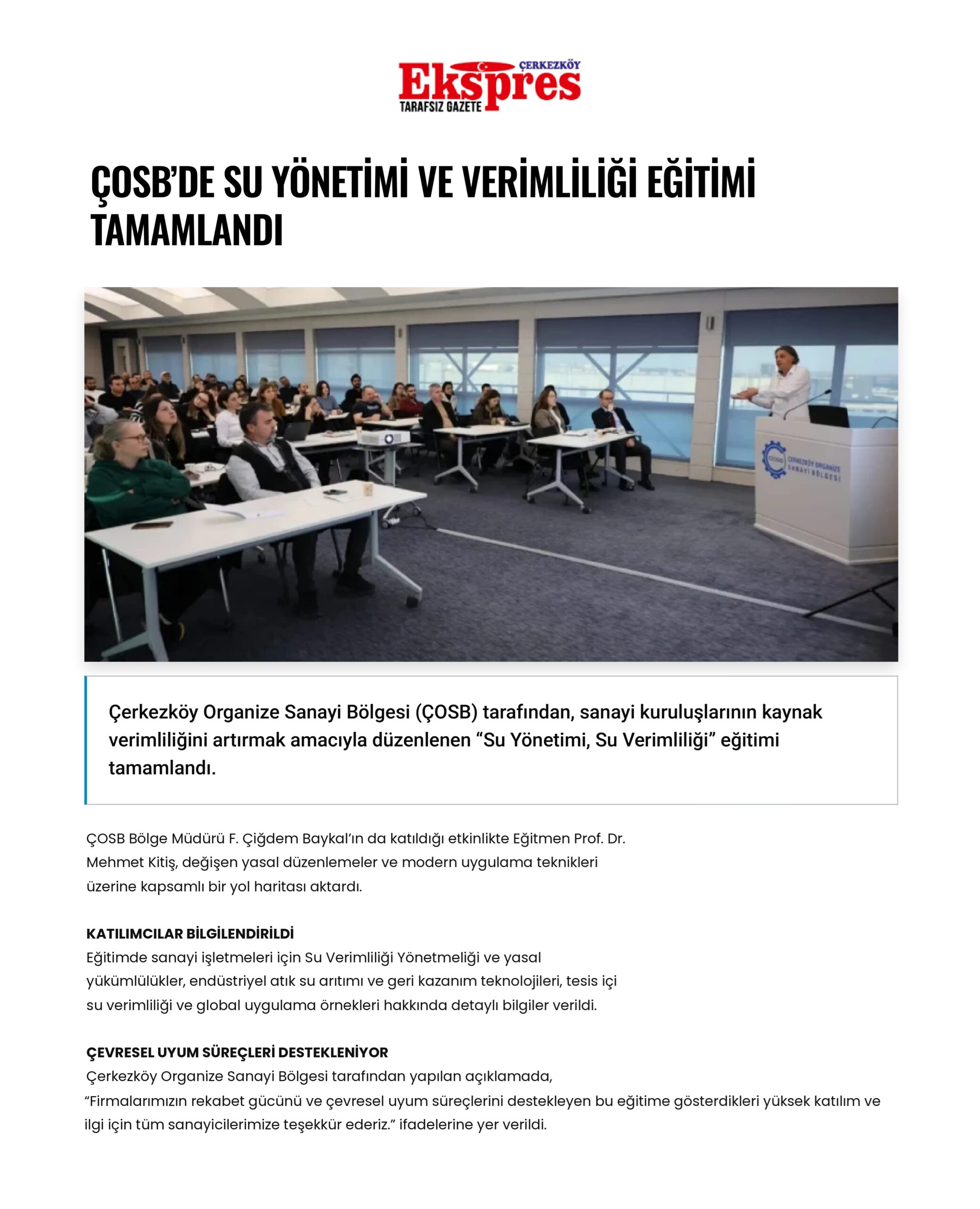 ÇOSB’DE SU YÖNETİMİ VE VERİMLİLİĞİ EĞİTİMİ TAMAMLANDI