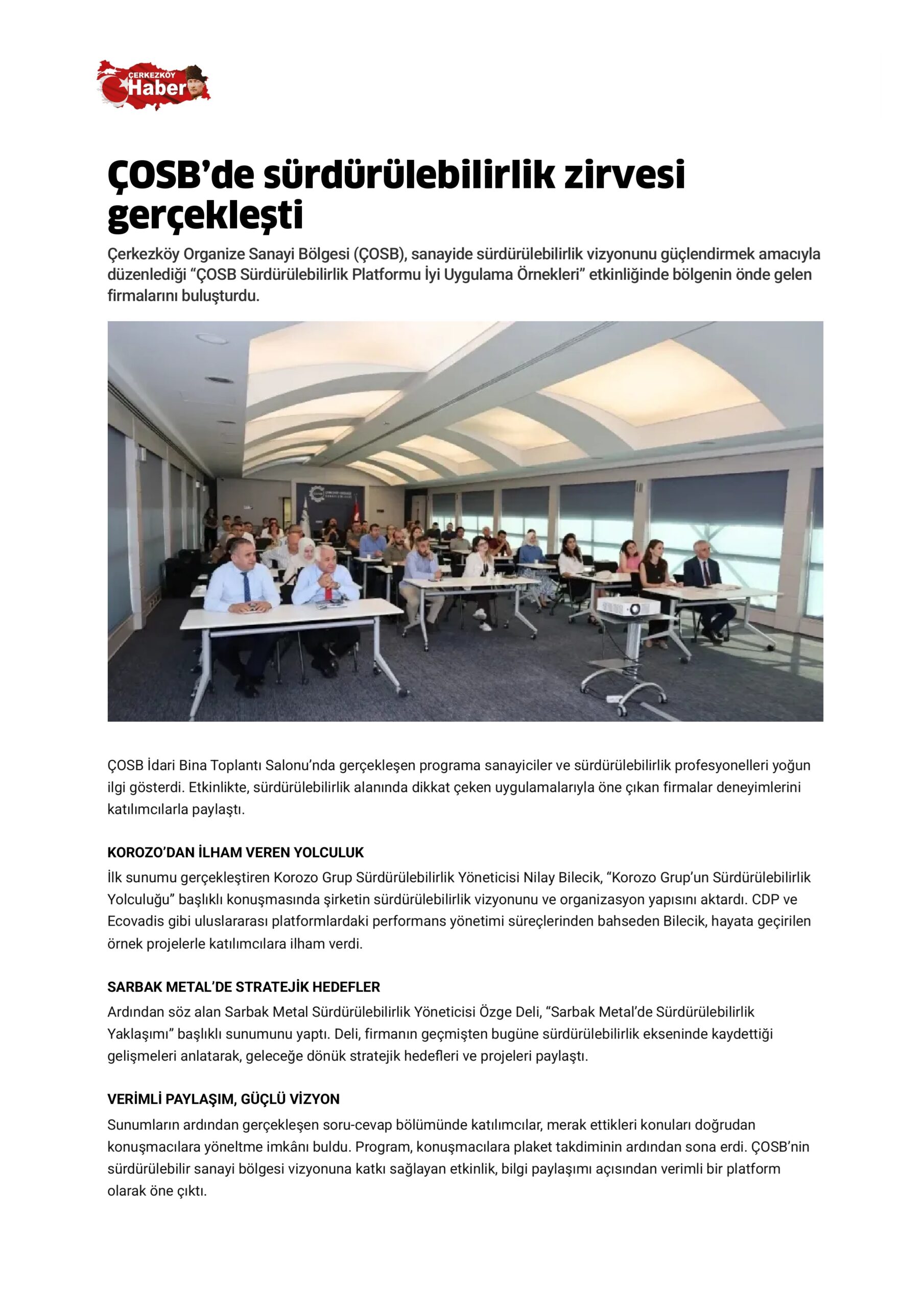 ÇOSB’de sürdürülebilirlik zirvesi gerçekleşti