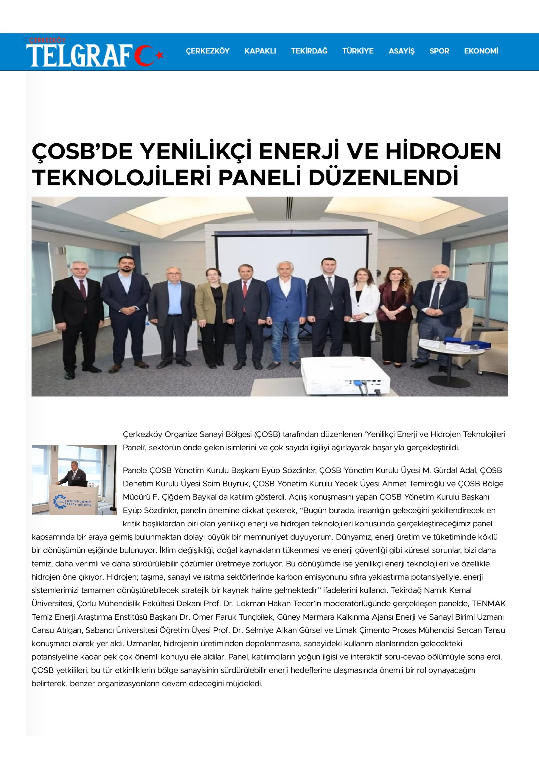 ÇOSB’DE YENİLİKÇİ ENERJİ VE HİDROJEN TEKNOLOJİLERİ PANELİ DÜZENLENDİ