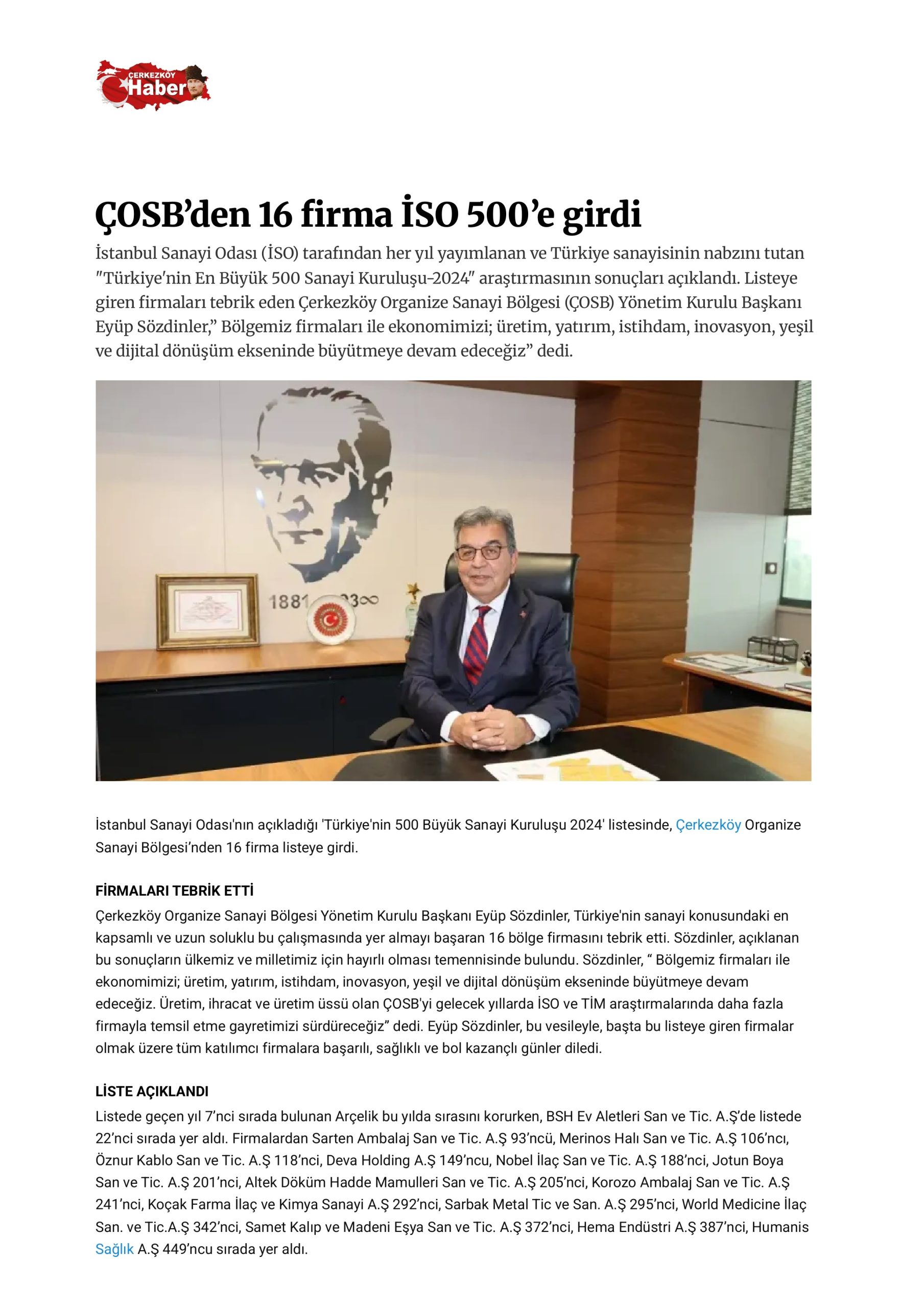 ÇOSB’den 16 firma İSO 500’e girdi