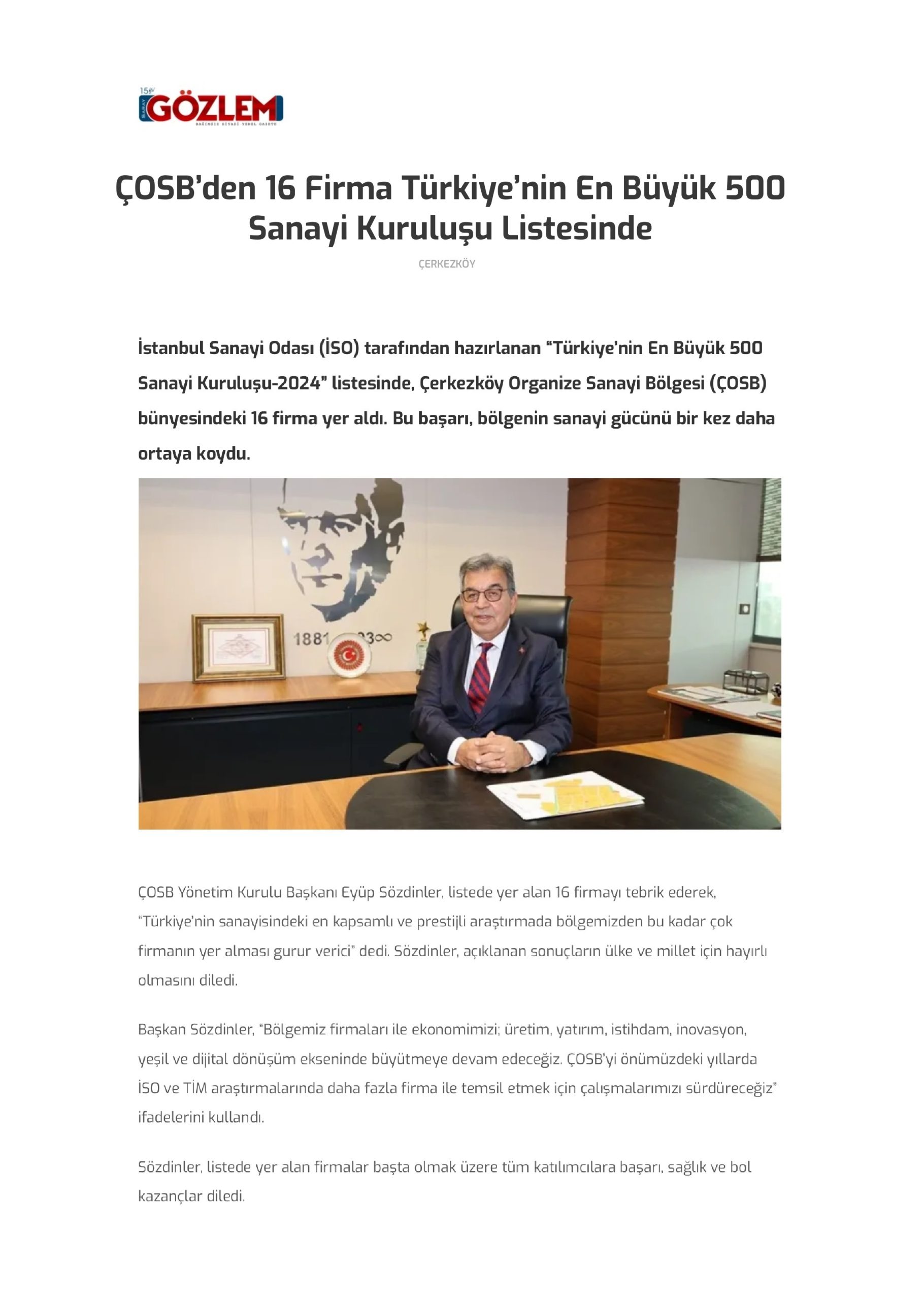 ÇOSB’den 16 Firma Türkiye’nin En Büyük 500 Sanayi Kuruluşu Listesinde