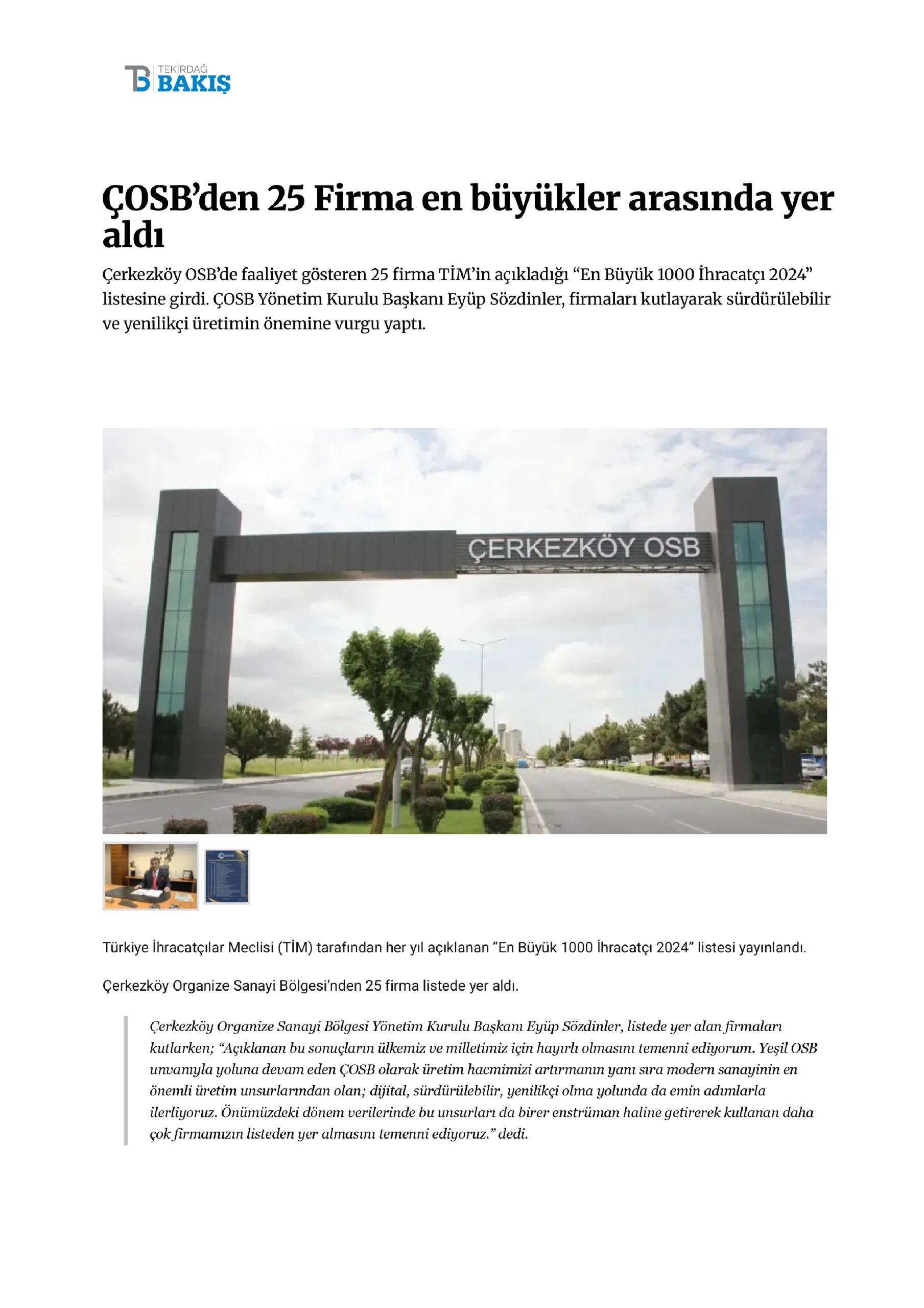 ÇOSB’den 25 Firma en büyükler arasında yer aldı