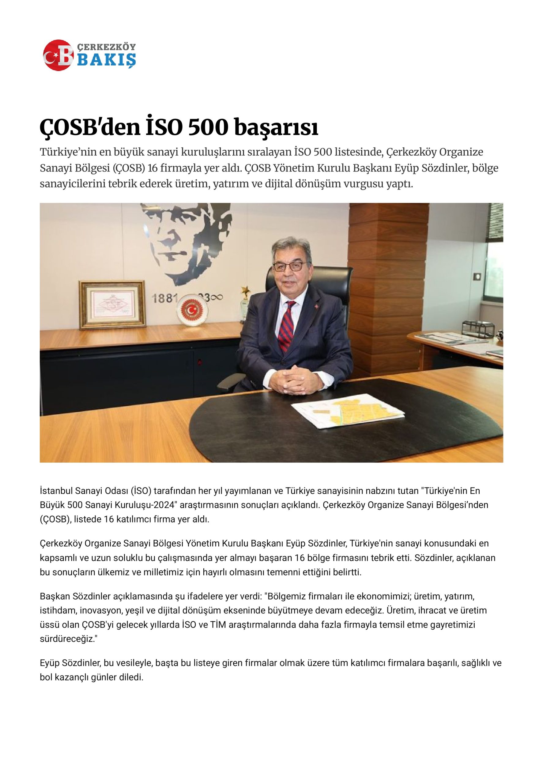 ÇOSB'den İSO 500 başarısı