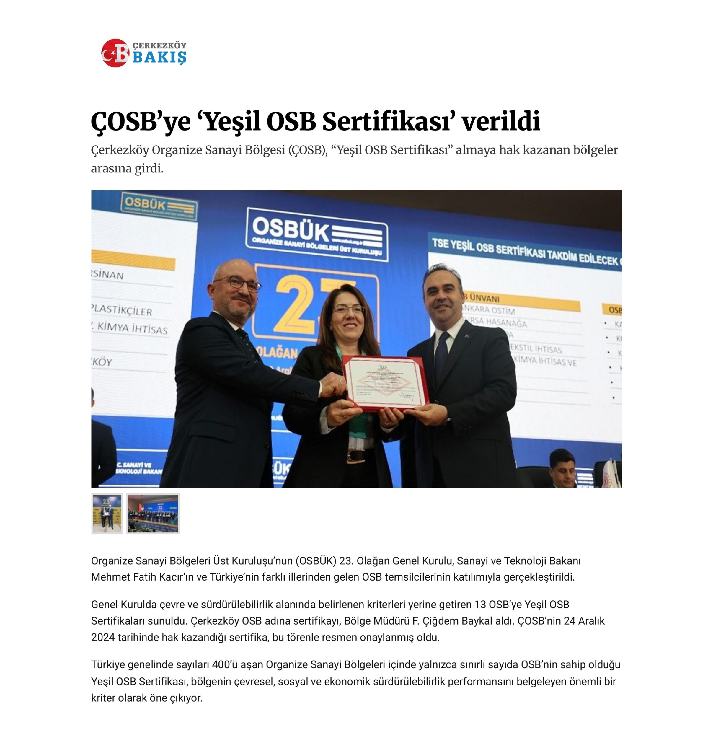 ÇOSB’ye ‘Yeşil OSB Sertifikası’ verildi