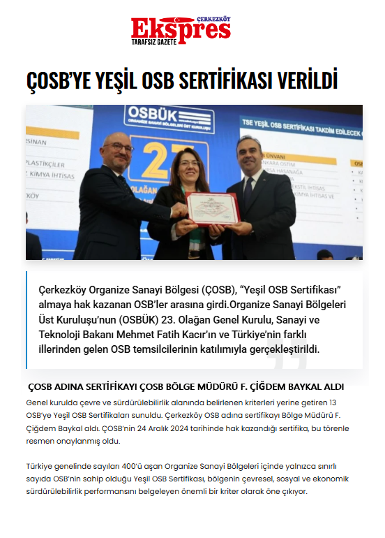 ÇOSB’YE YEŞİL OSB SERTİFİKASI VERİLDİ
