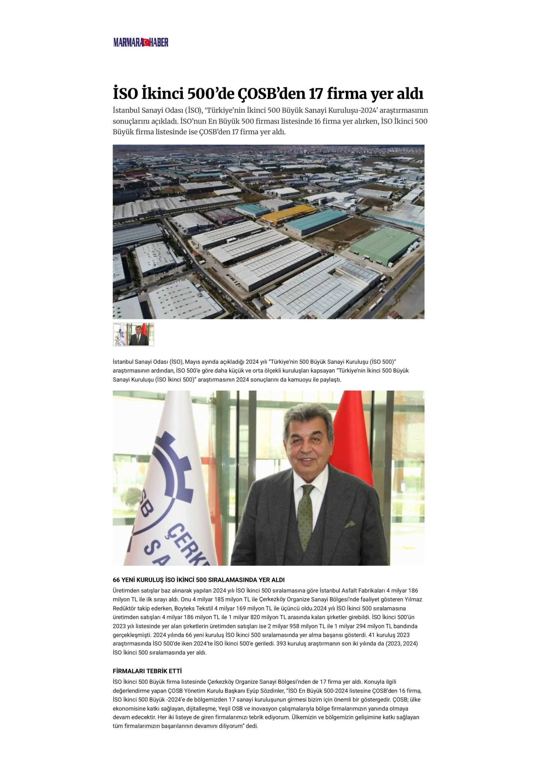 İSO İkinci 500’de ÇOSB’den 17 firma yer aldı