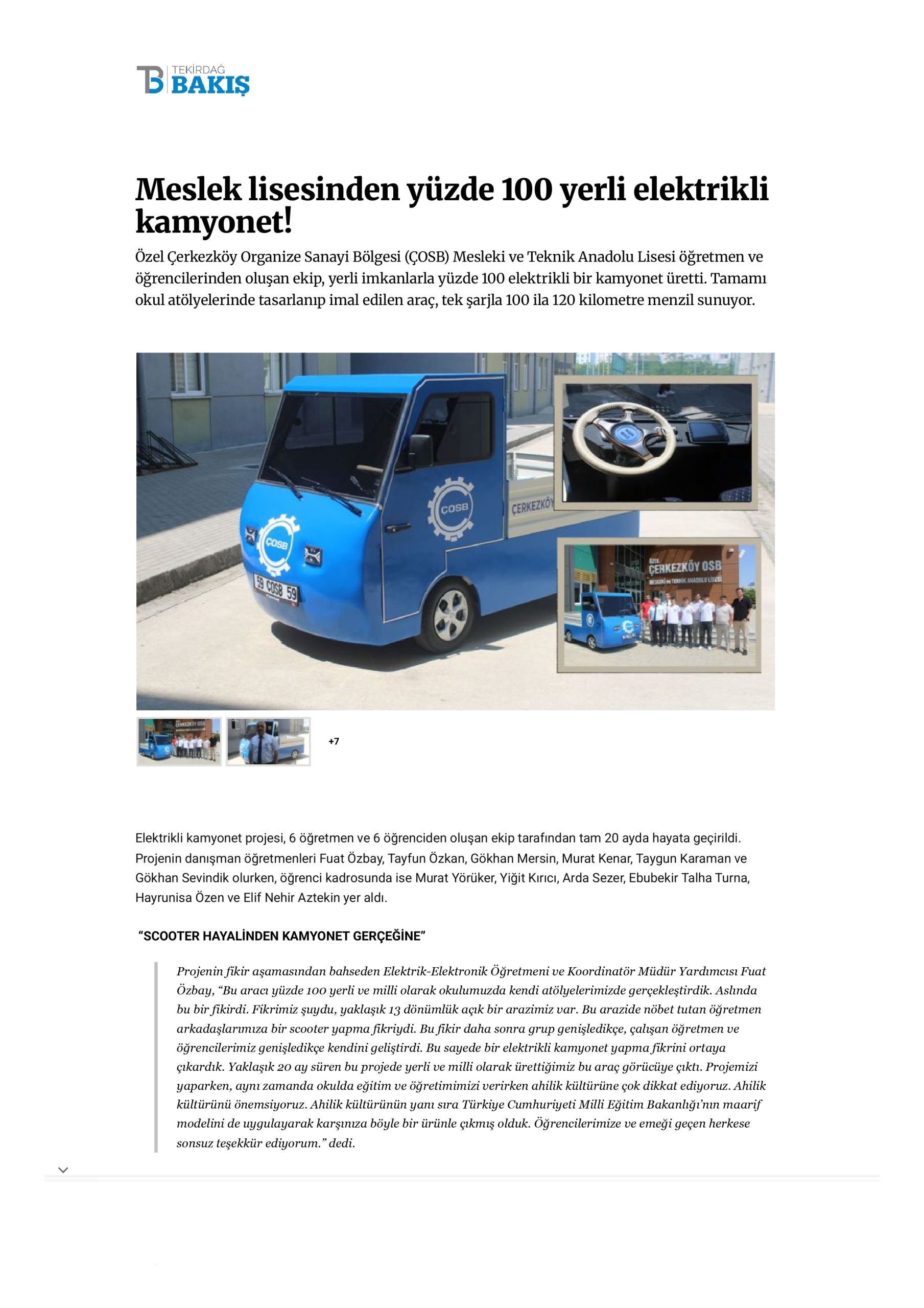 Meslek lisesinden yüzde 100 yerli elektrikli kamyonet!