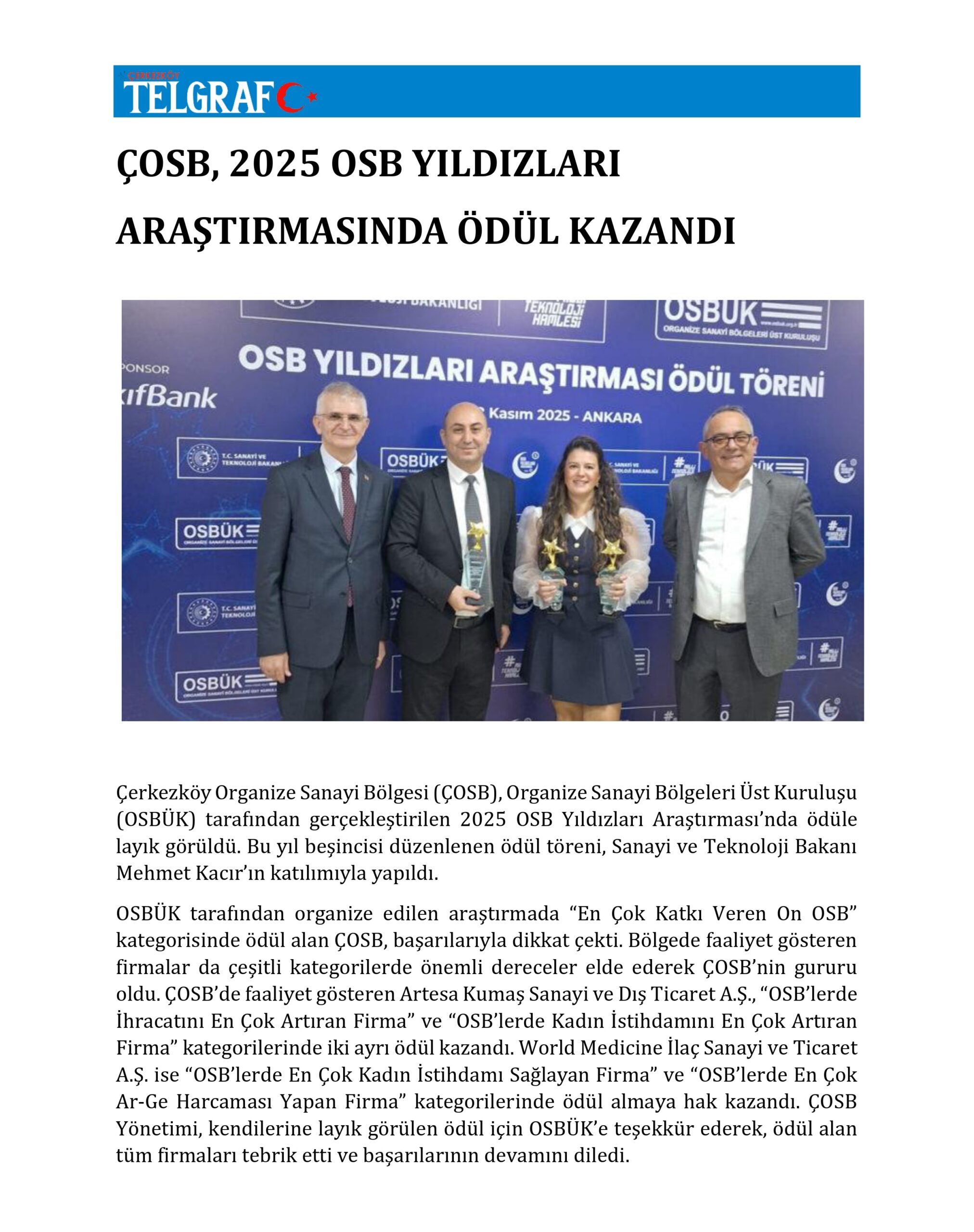 ÇOSB, 2025 OSB YILDIZLARI ARAŞTIRMASINDA ÖDÜL KAZANDI