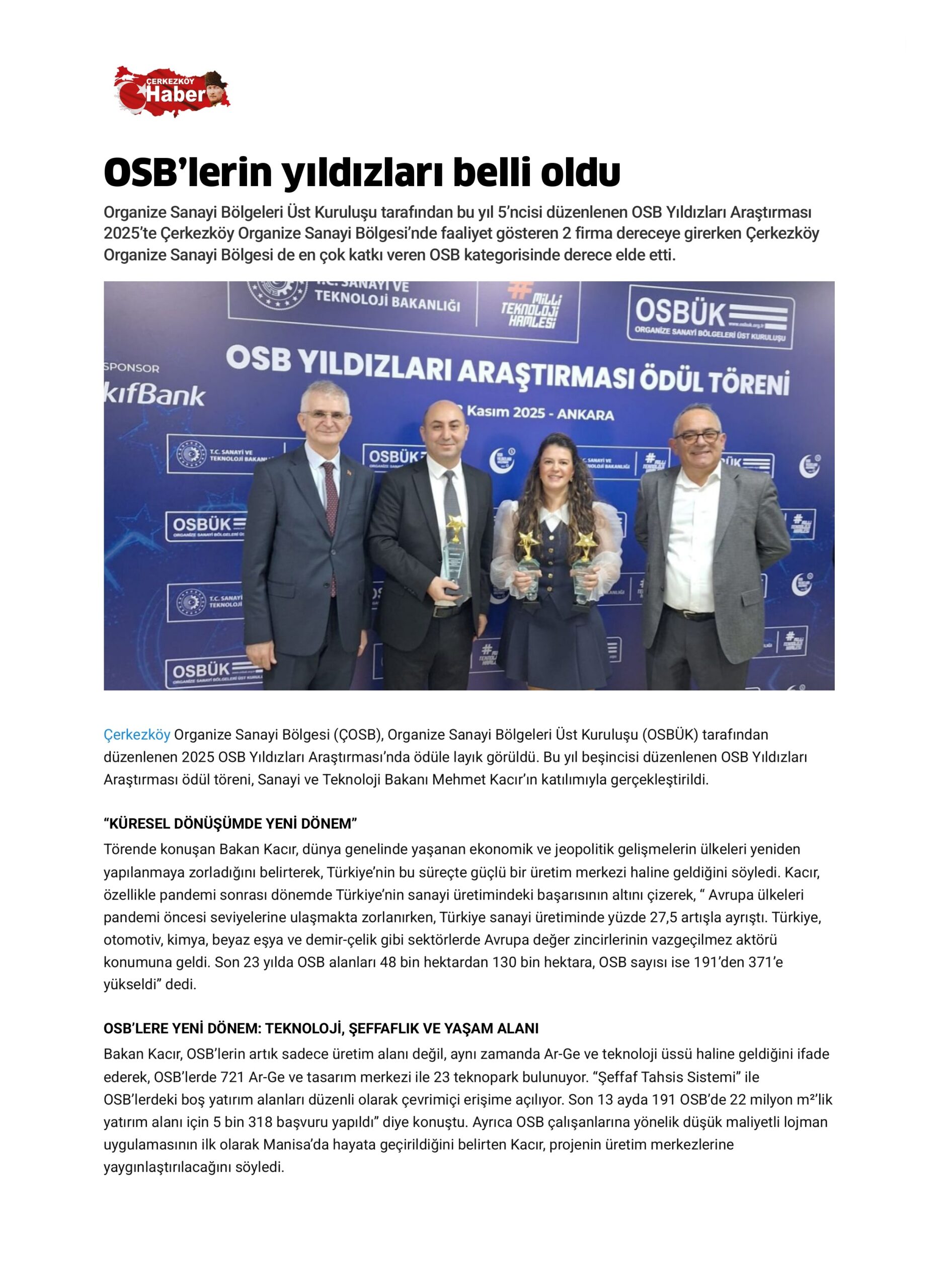 OSB’lerin yıldızları belli oldu