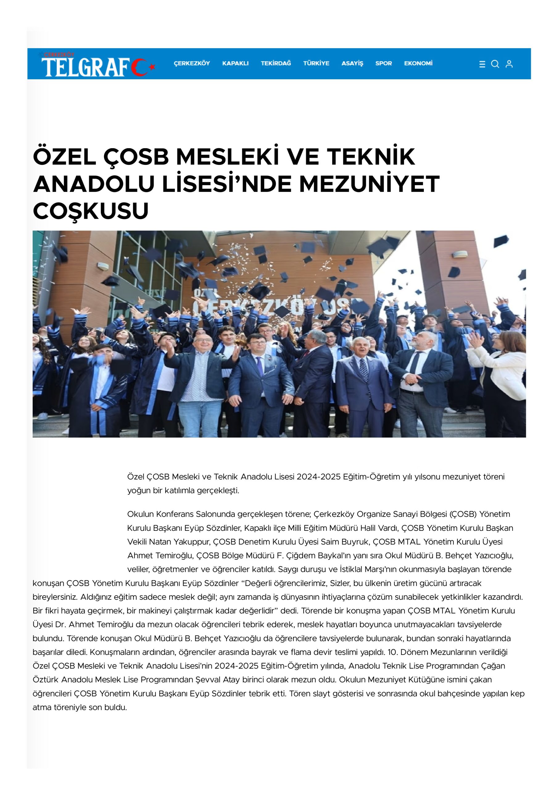 ÖZEL ÇOSB MESLEKİ VE TEKNİK ANADOLU LİSESİ’NDE MEZUNİYET COŞKUSU