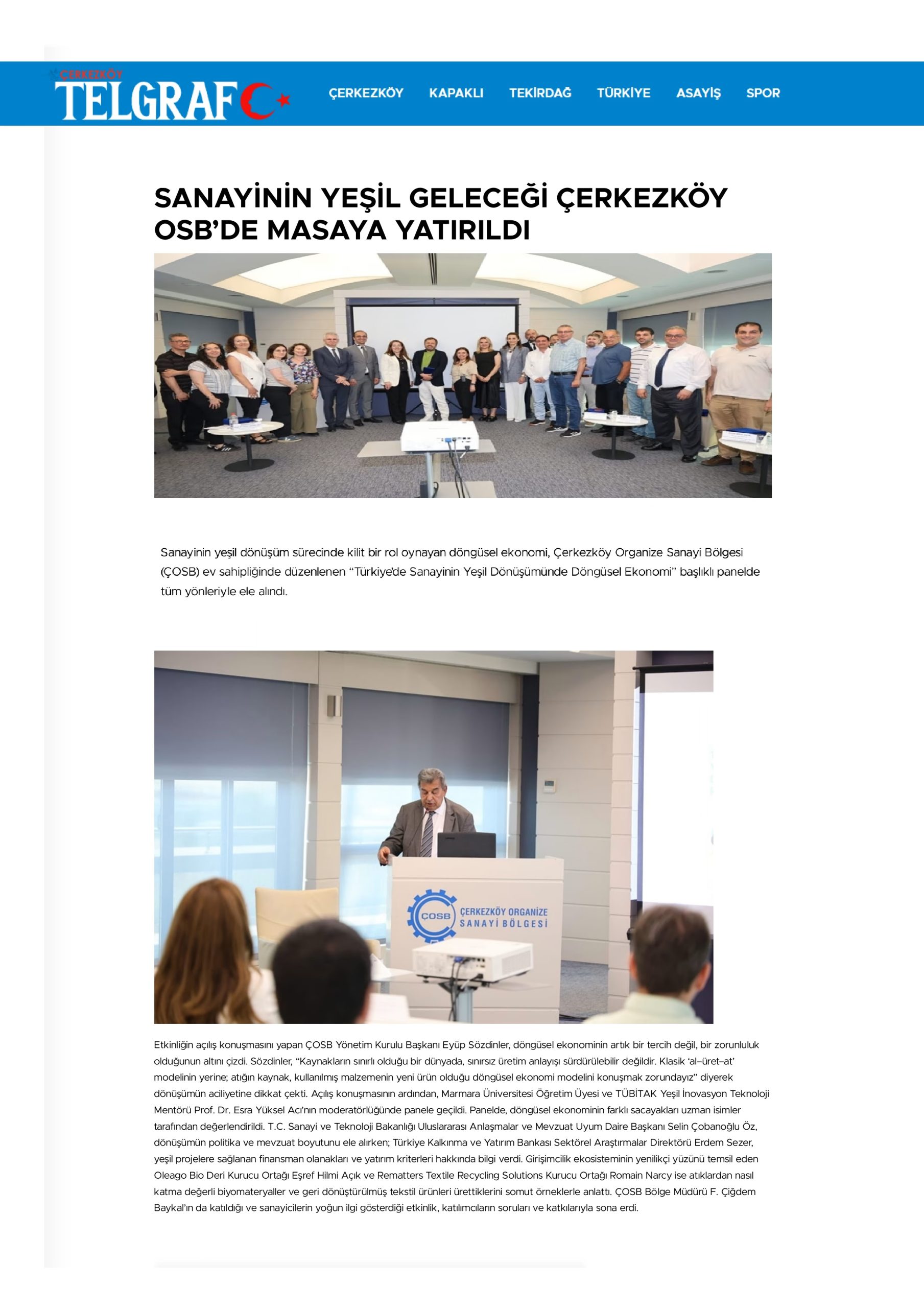 SANAYİNİN YEŞİL GELECEĞİ ÇERKEZKÖY OSB’DE MASAYA YATIRILDI