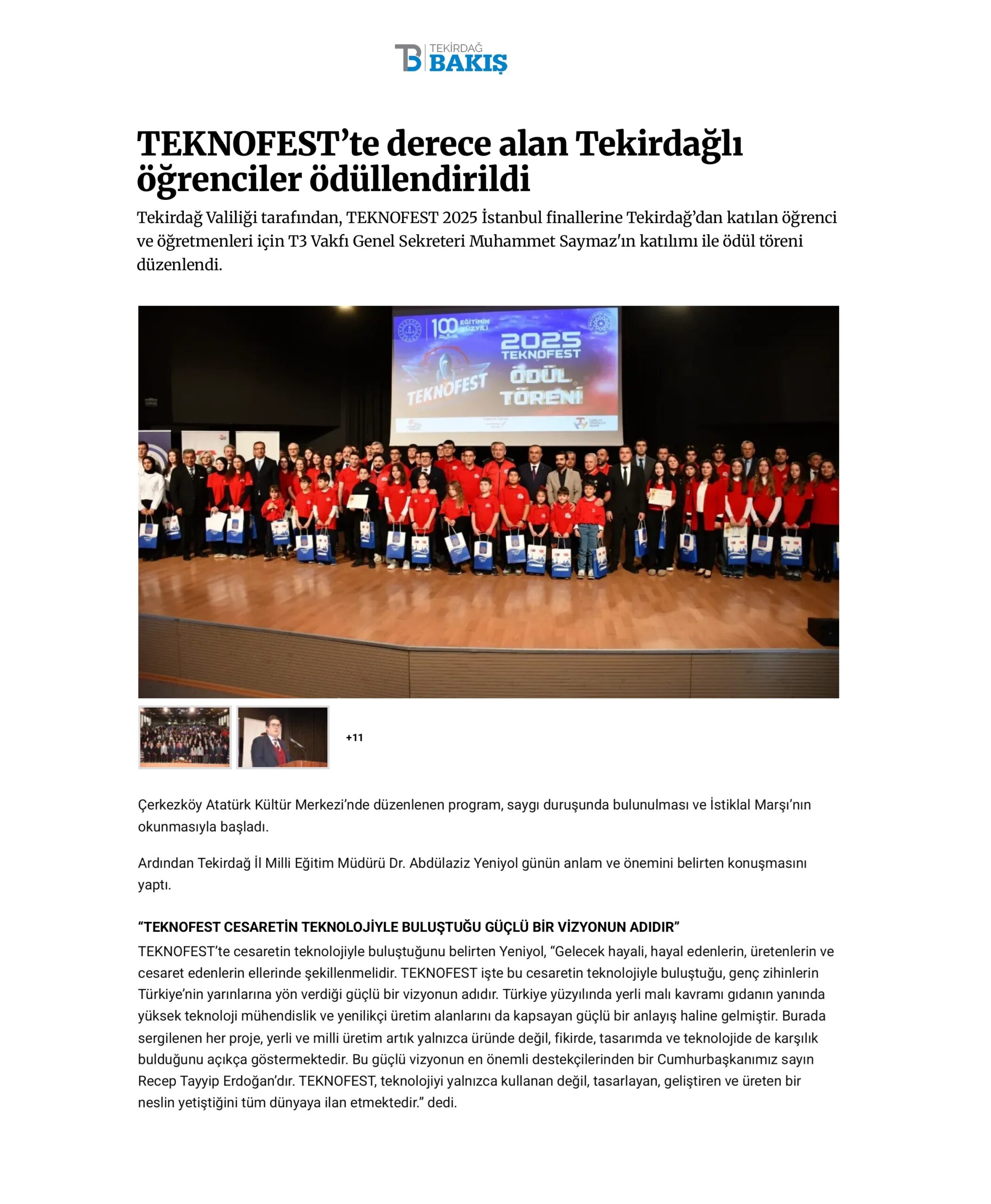 TEKNOFEST’te derece alan Tekirdağlı öğrenciler ödüllendirildi