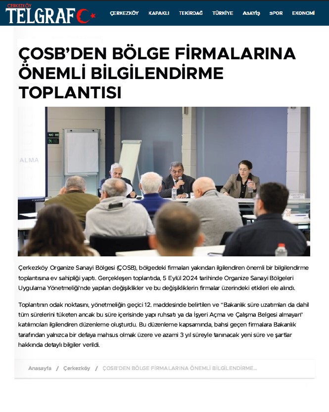 ÇOSB’DEN BÖLGE FİRMALARINA ÖNEMLİ BİLGİLENDİRME TOPLANTISI