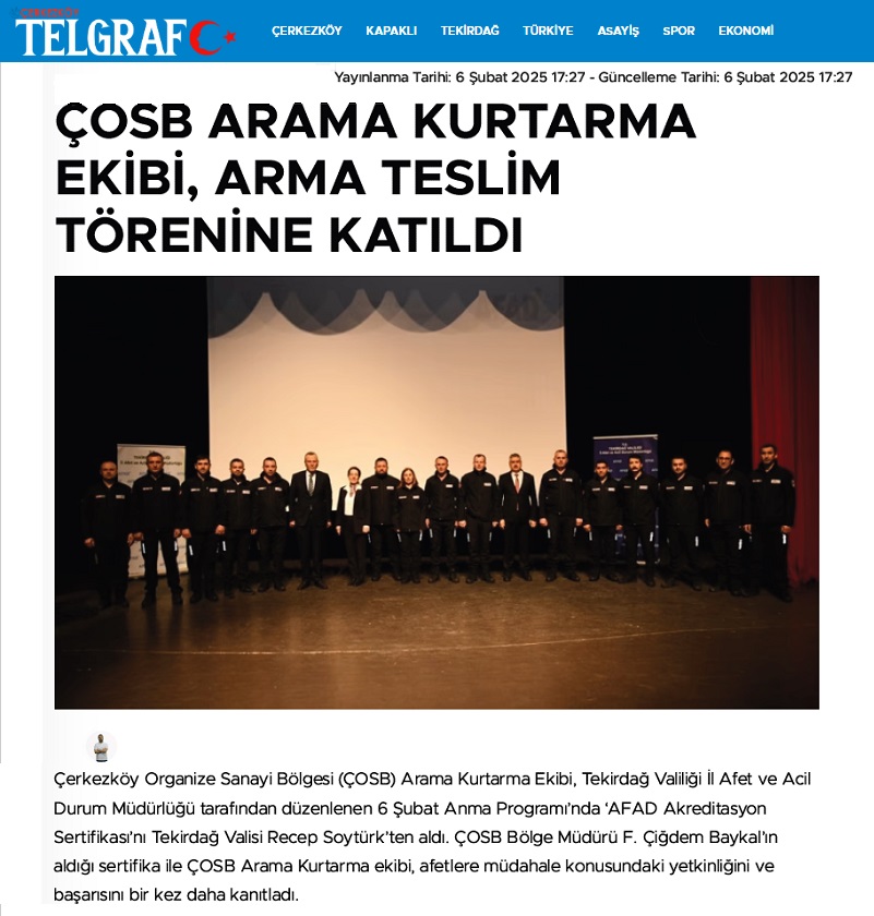 ÇOSB ARAMA KURTARMA EKİBİ, ARMA TESLİM TÖRENİNE KATILDI