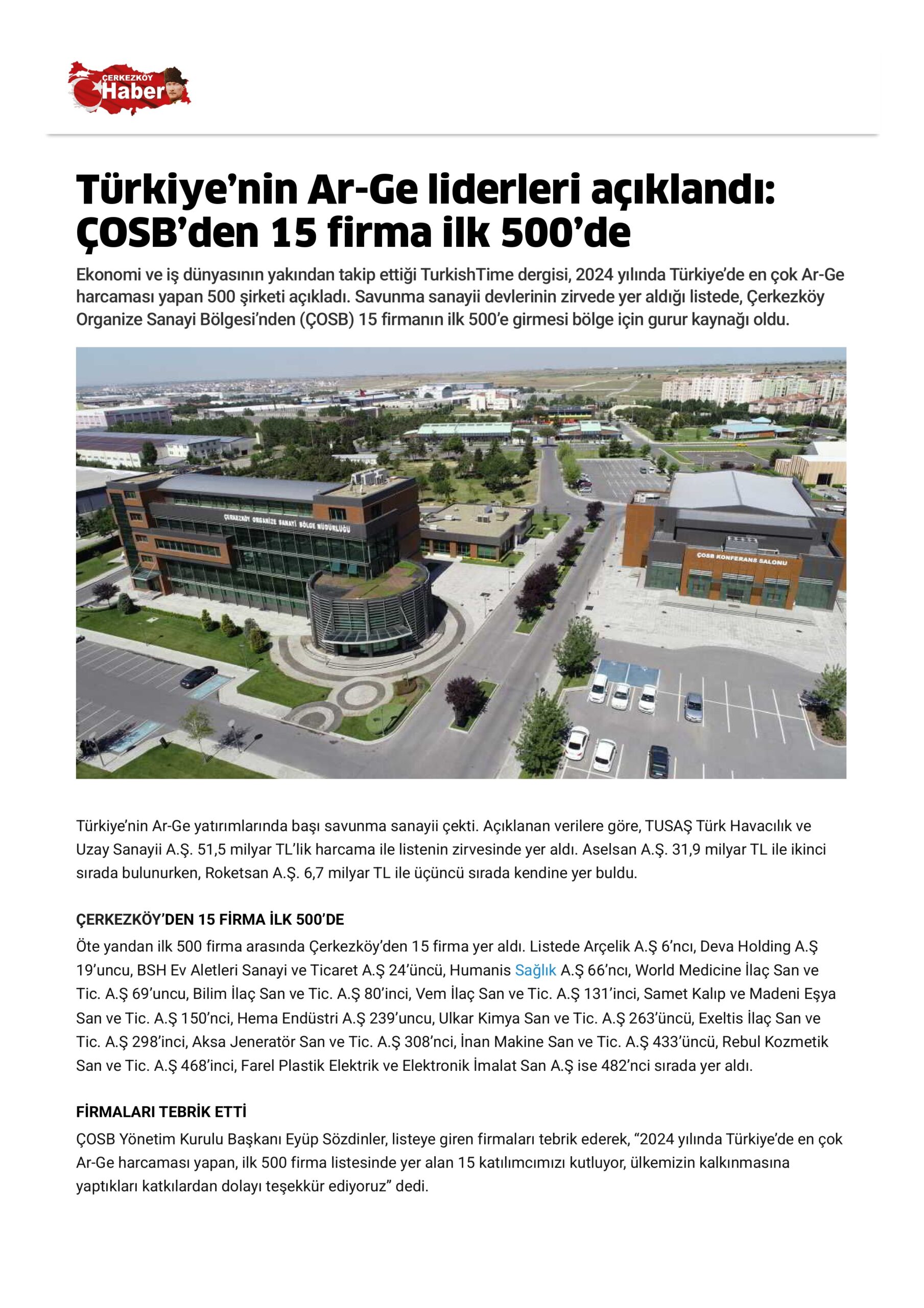 Türkiye’nin Ar-Ge liderleri açıklandı: ÇOSB’den 15 firma ilk 500’de