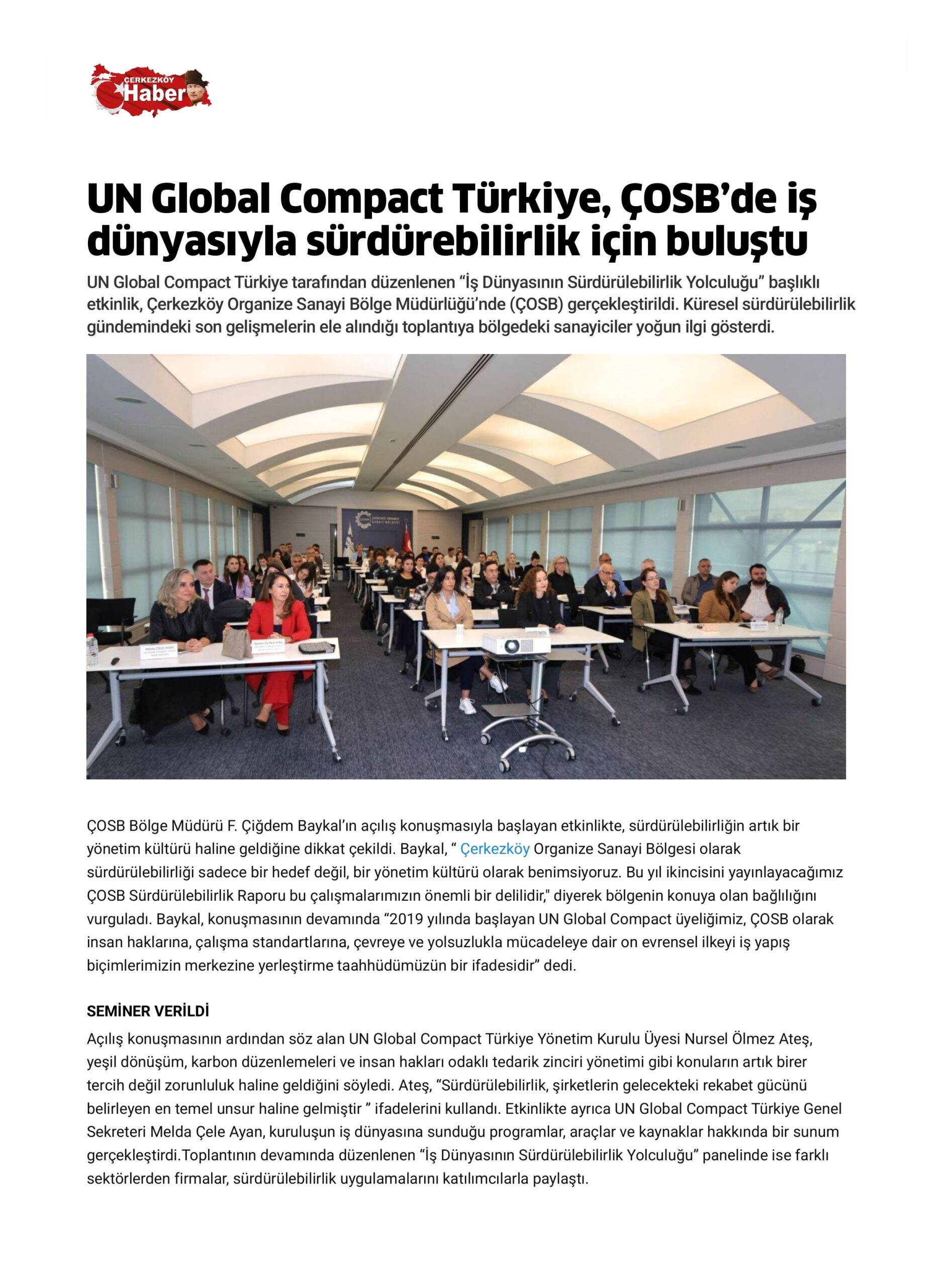 UN Global Compact Türkiye, ÇOSB’de iş dünyasıyla sürdürebilirlik için buluştu